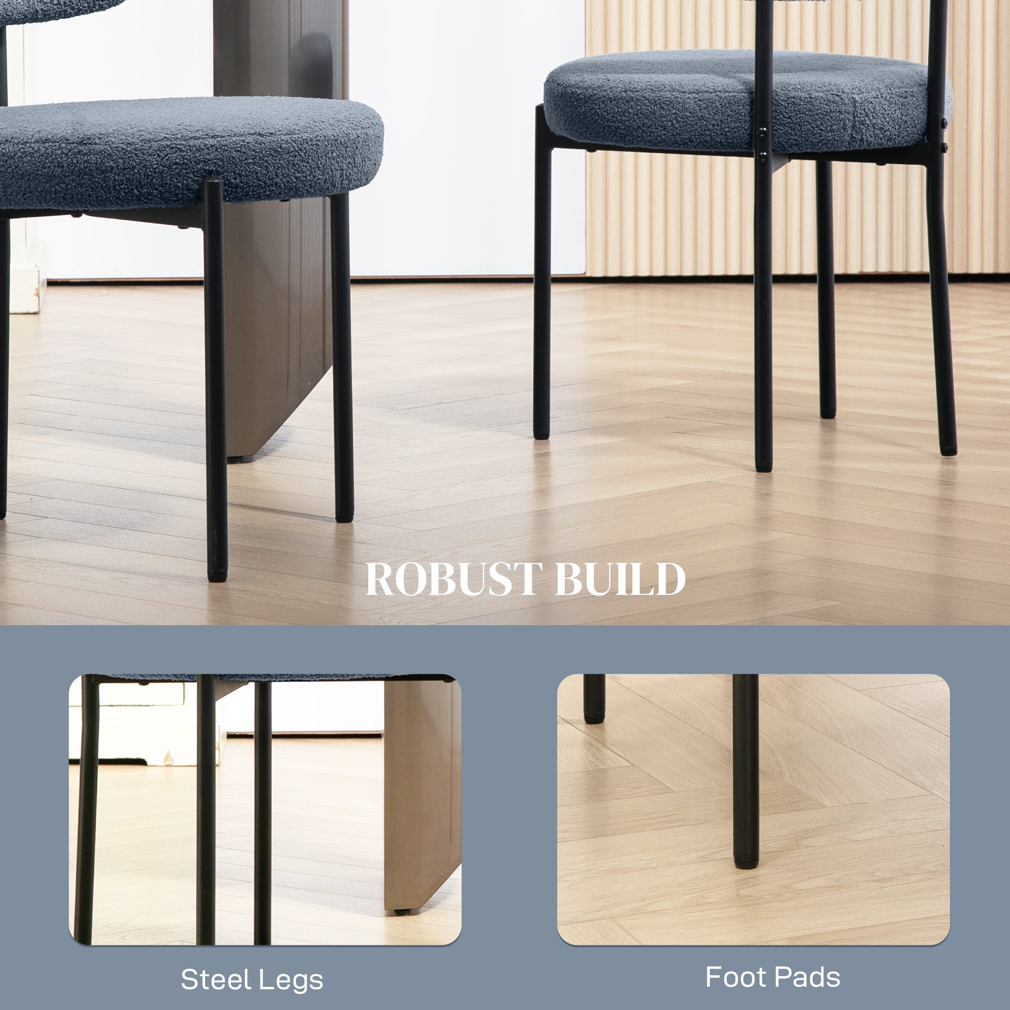 Boucle Dining Chairs Set of 4, Round Modern Upholstered Kitchen Chairs with Curved Backrest, Thick Cushion and Steel Legs for Dining Room, Gray