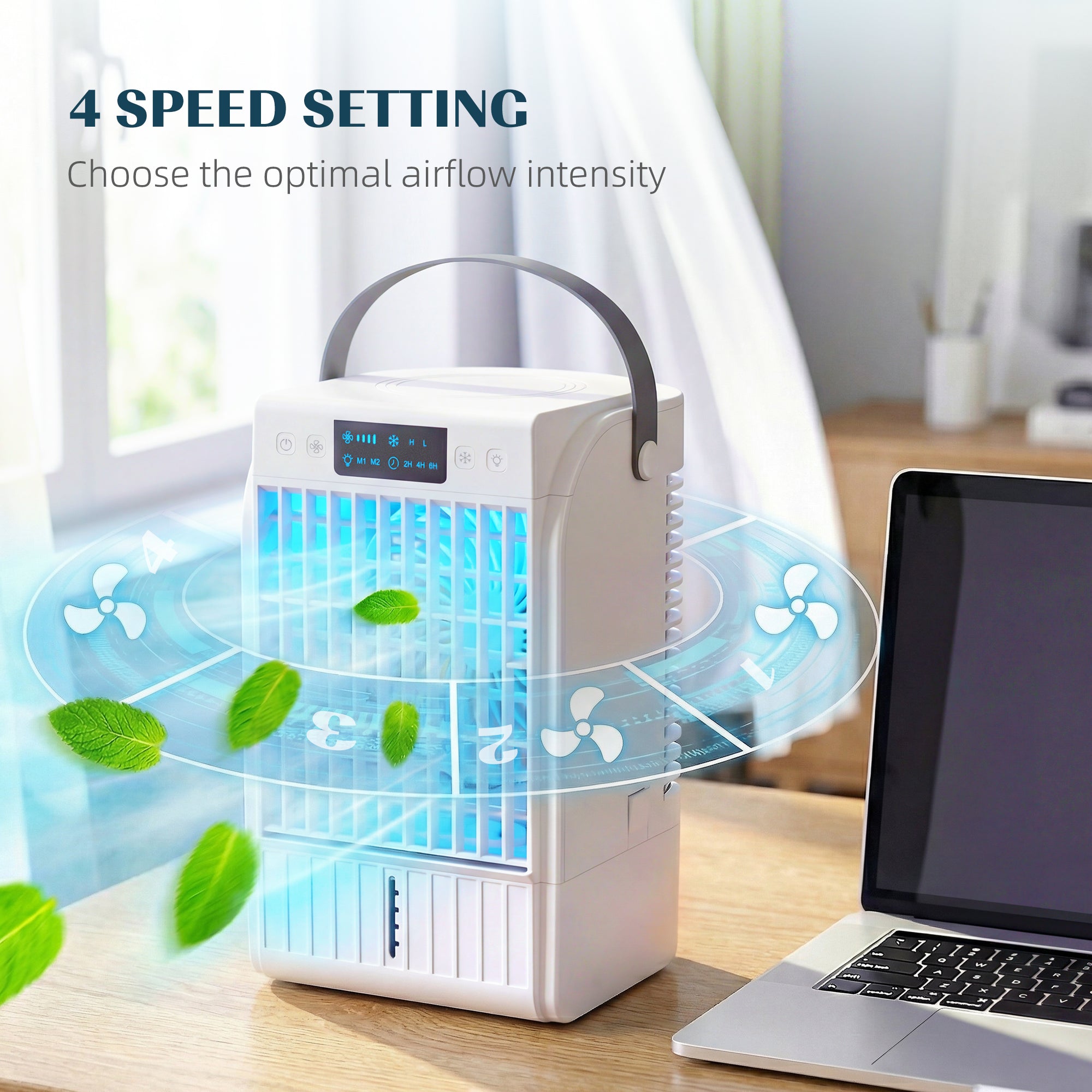 6.7 Inch Desk Fan with RGB Light, Misting Cooler and Humidifier, Table Fan with 4-Speed, 0.4 Gallons Water Tank, Air Circulator for Bedrooms Dorm Rooms Home Office, White