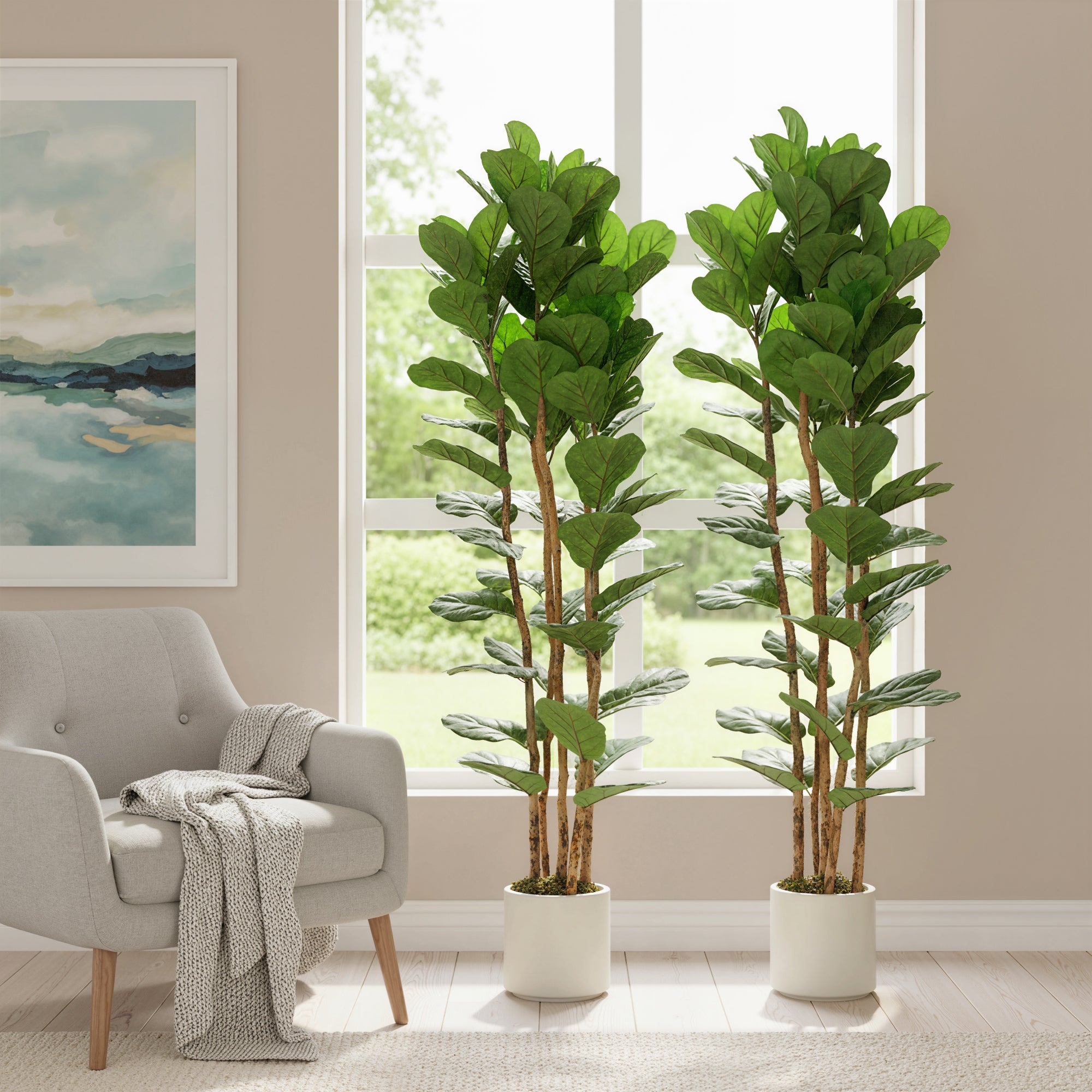 6FT Artificial Fiddle Leaf Fig Tree Set of 2 with Solid Wood Trunks, Lifelike Fake Tree with 91 Leaves in Pot for Indoor Living Room Office Home Decor, Green