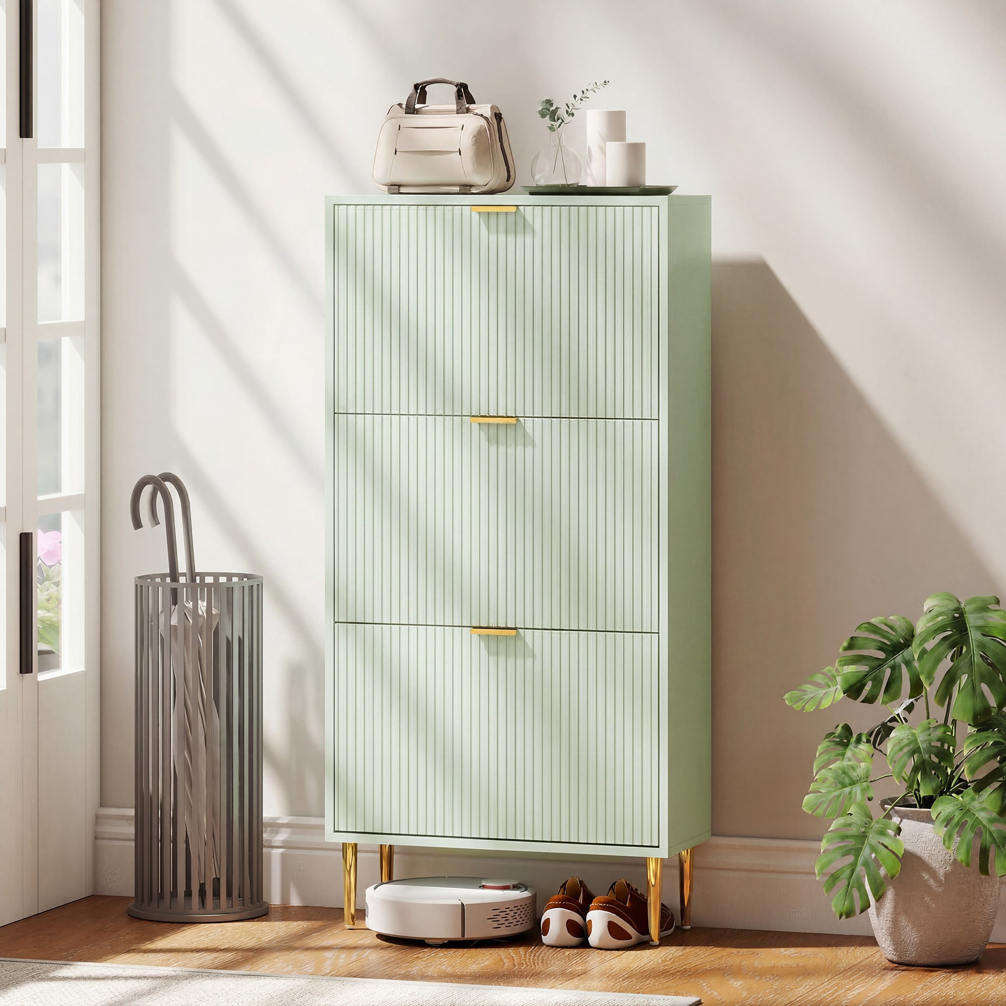 Narrow Shoe Cabinet with 3 Flip Drawers, Modern Slim Shoe Storage Cabinet with Fluted Doors and Adjustable Shelves for Hallway, Holds 9-18 Pairs, Light Green