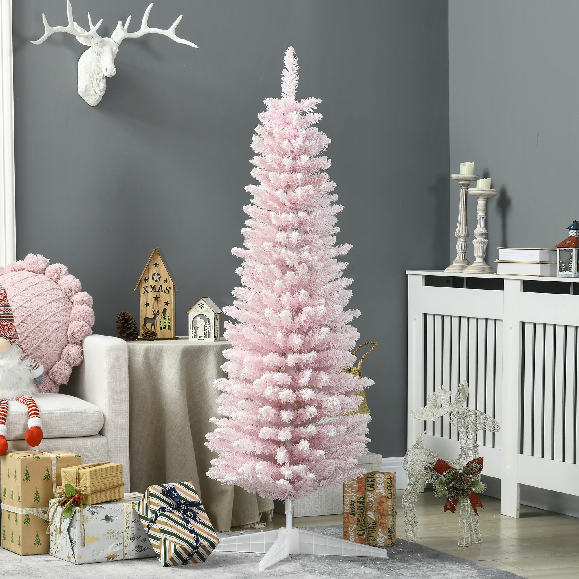 5' Decorated Snow Flocked Artificial Christmas Tree Pencil Shape Realistic Branches Pink