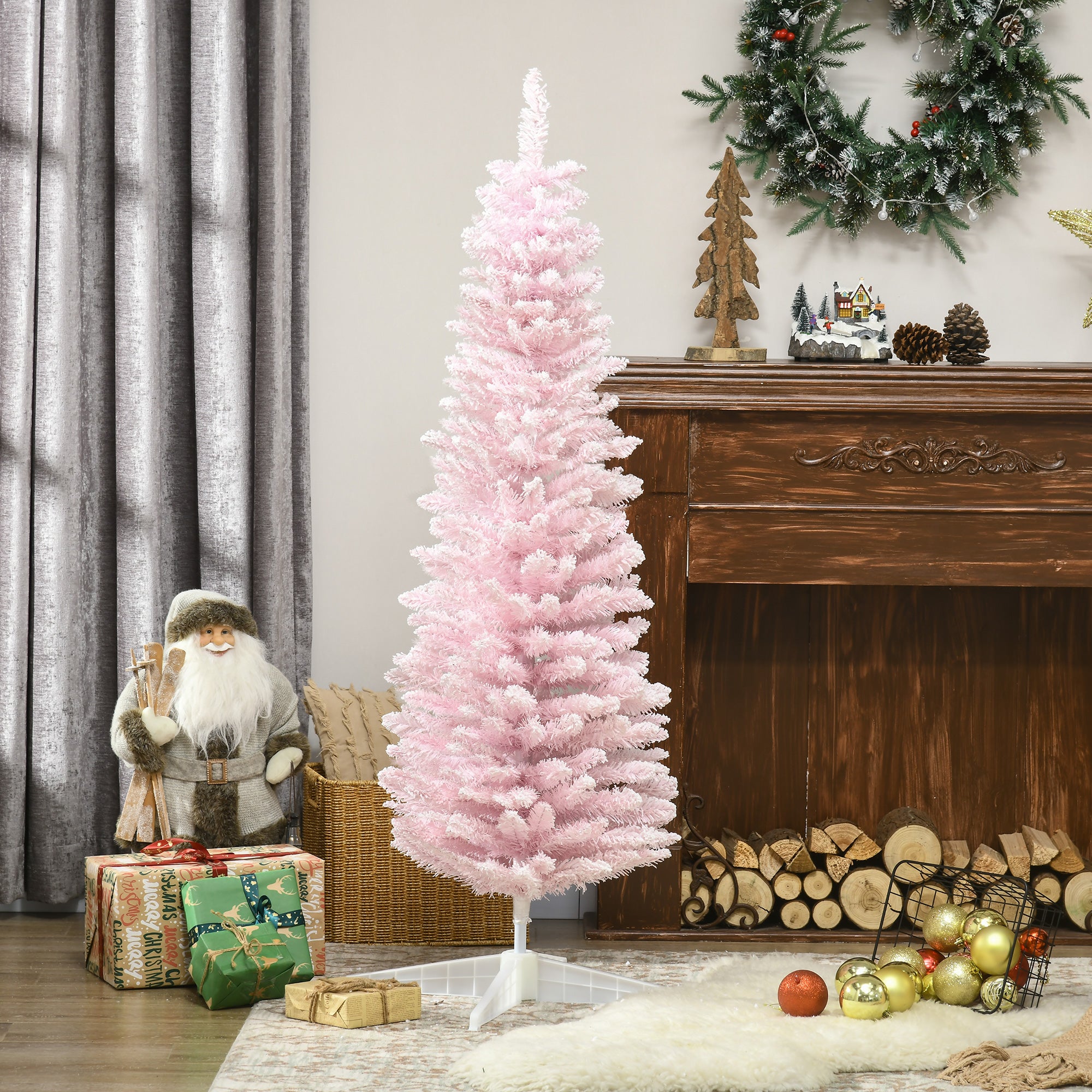 5' Decorated Snow Flocked Artificial Christmas Tree Pencil Shape Realistic Branches Pink