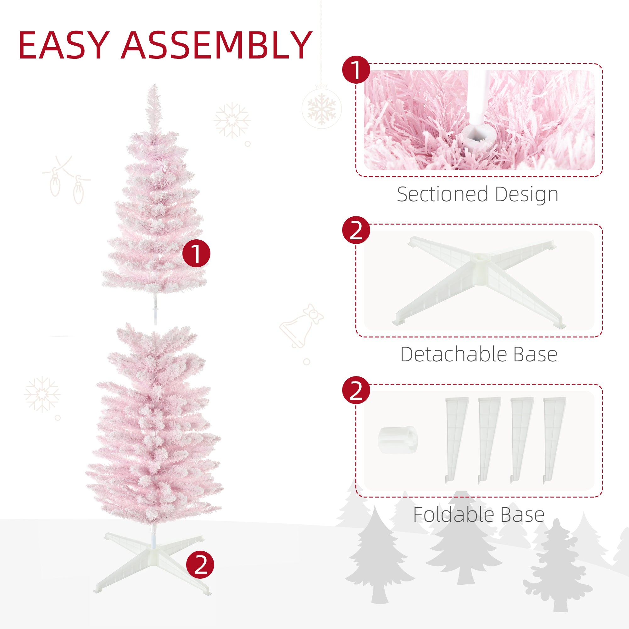 5' Decorated Snow Flocked Artificial Christmas Tree Pencil Shape Realistic Branches Pink