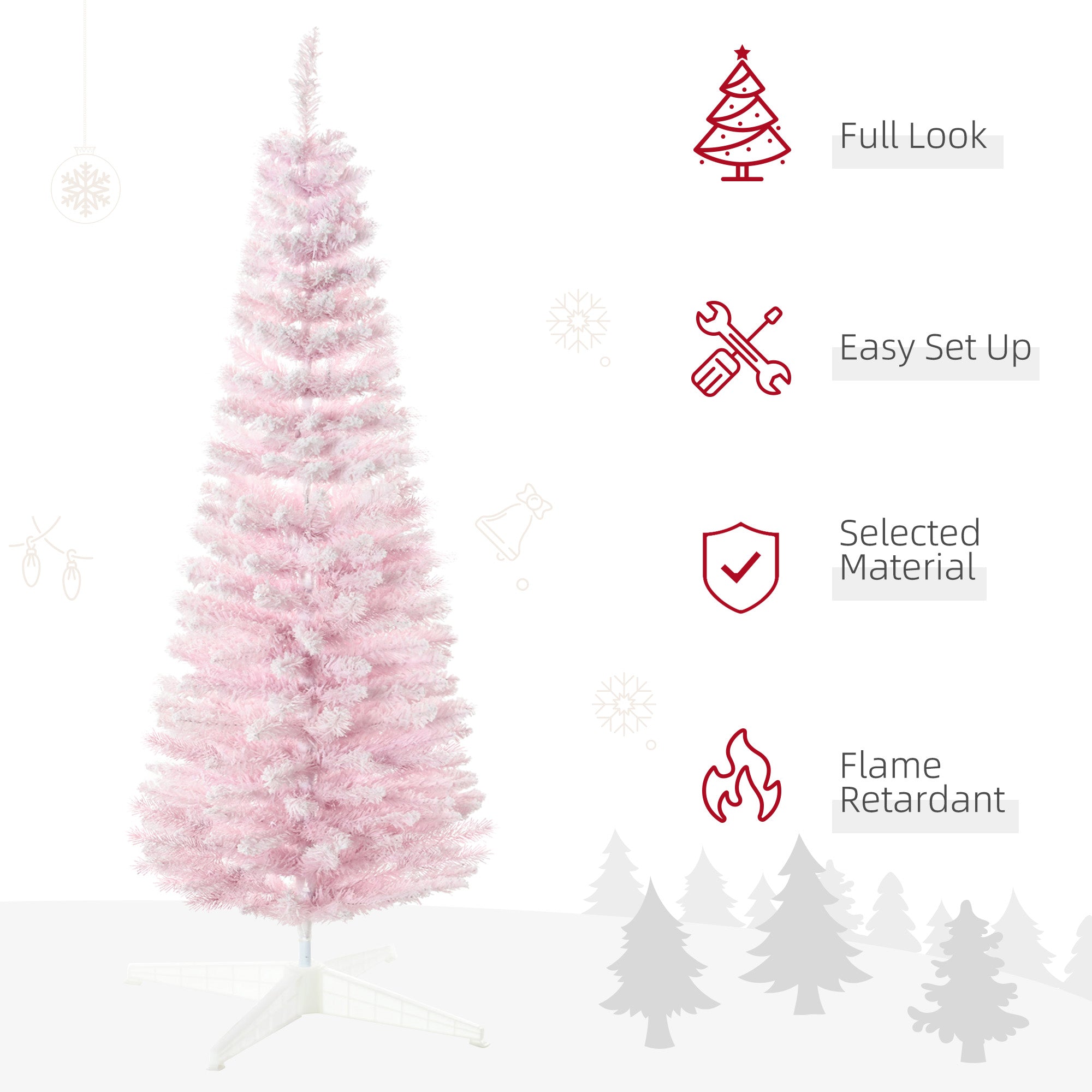 5' Decorated Snow Flocked Artificial Christmas Tree Pencil Shape Realistic Branches Pink