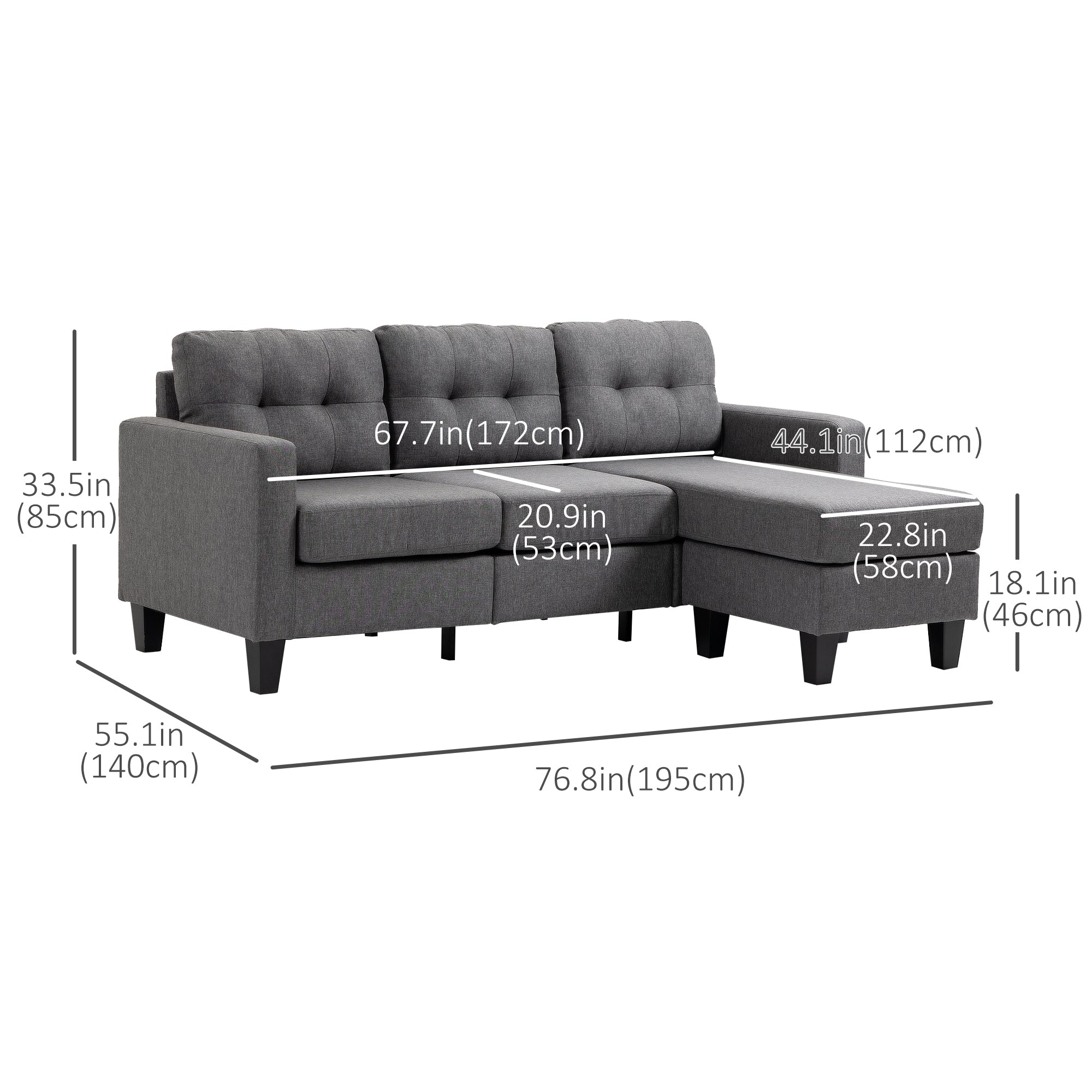 HOMCOM Modular Sectional Couch with Changeable Chaise, 3 Seater Corner Sofa with Ottoman, Fabric L Shape Sofa with Thick Padded Cushion for Living Room, Office, Dark Grey