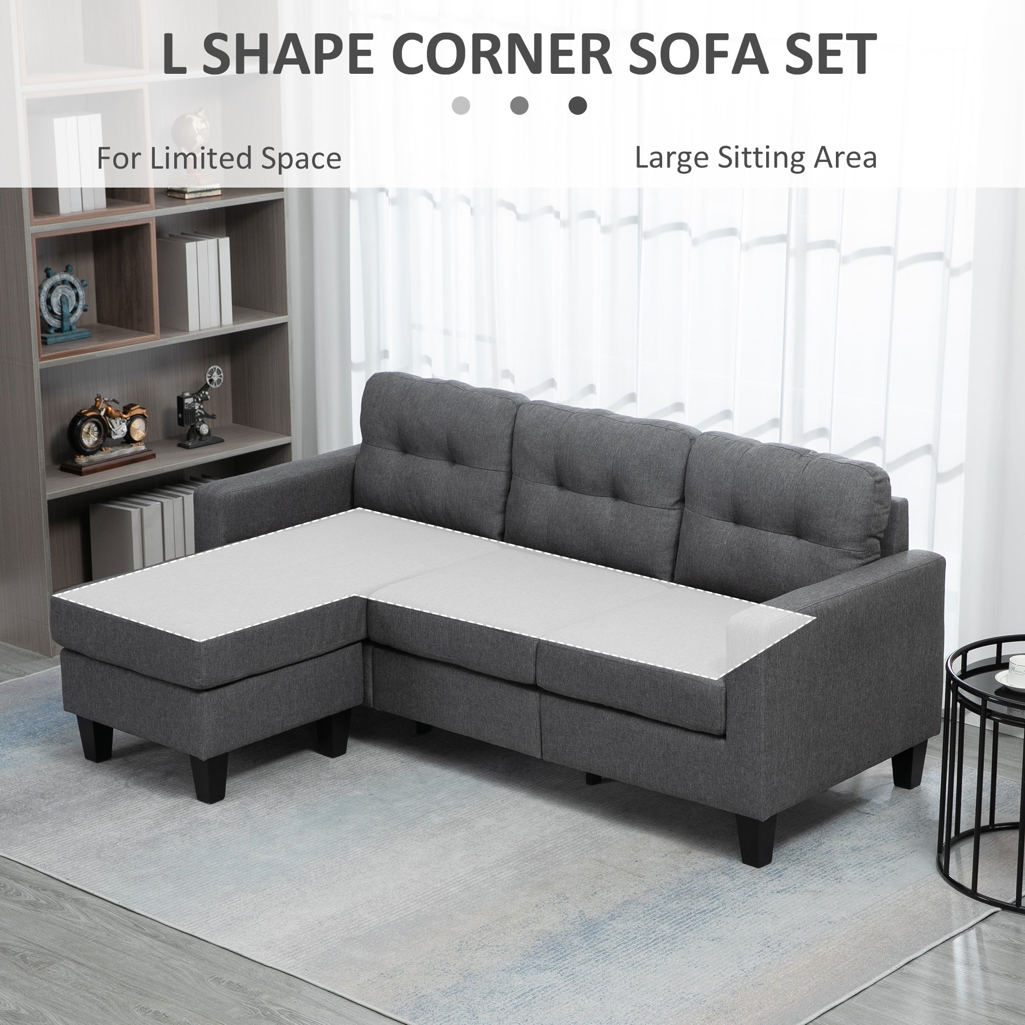 HOMCOM Modular Sectional Couch with Changeable Chaise, 3 Seater Corner Sofa with Ottoman, Fabric L Shape Sofa with Thick Padded Cushion for Living Room, Office, Dark Grey