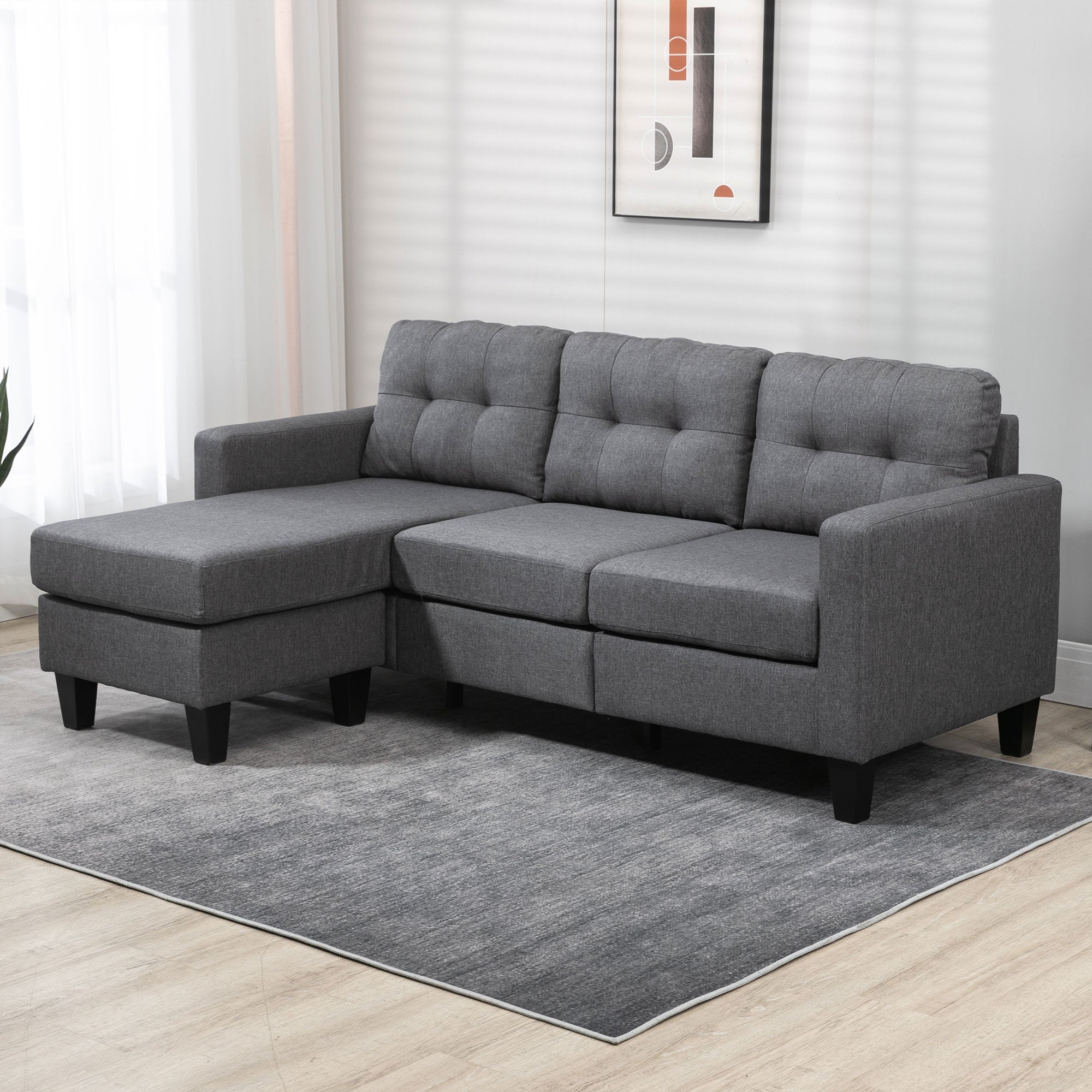 HOMCOM Modular Sectional Couch with Changeable Chaise, 3 Seater Corner Sofa with Ottoman, Fabric L Shape Sofa with Thick Padded Cushion for Living Room, Office, Dark Grey