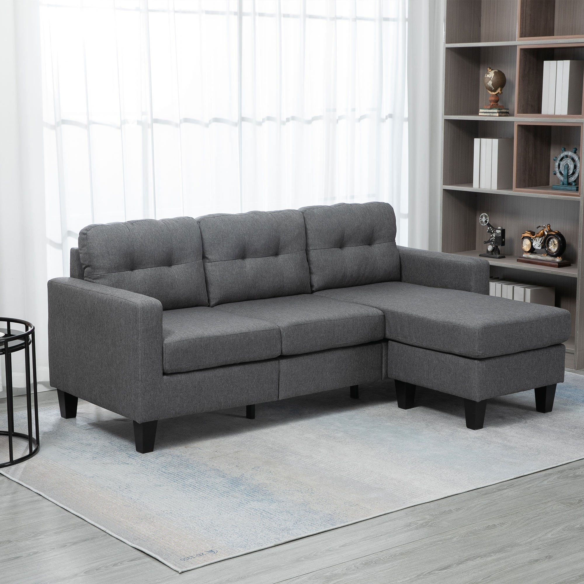 HOMCOM Modular Sectional Couch with Changeable Chaise, 3 Seater Corner Sofa with Ottoman, Fabric L Shape Sofa with Thick Padded Cushion for Living Room, Office, Dark Grey