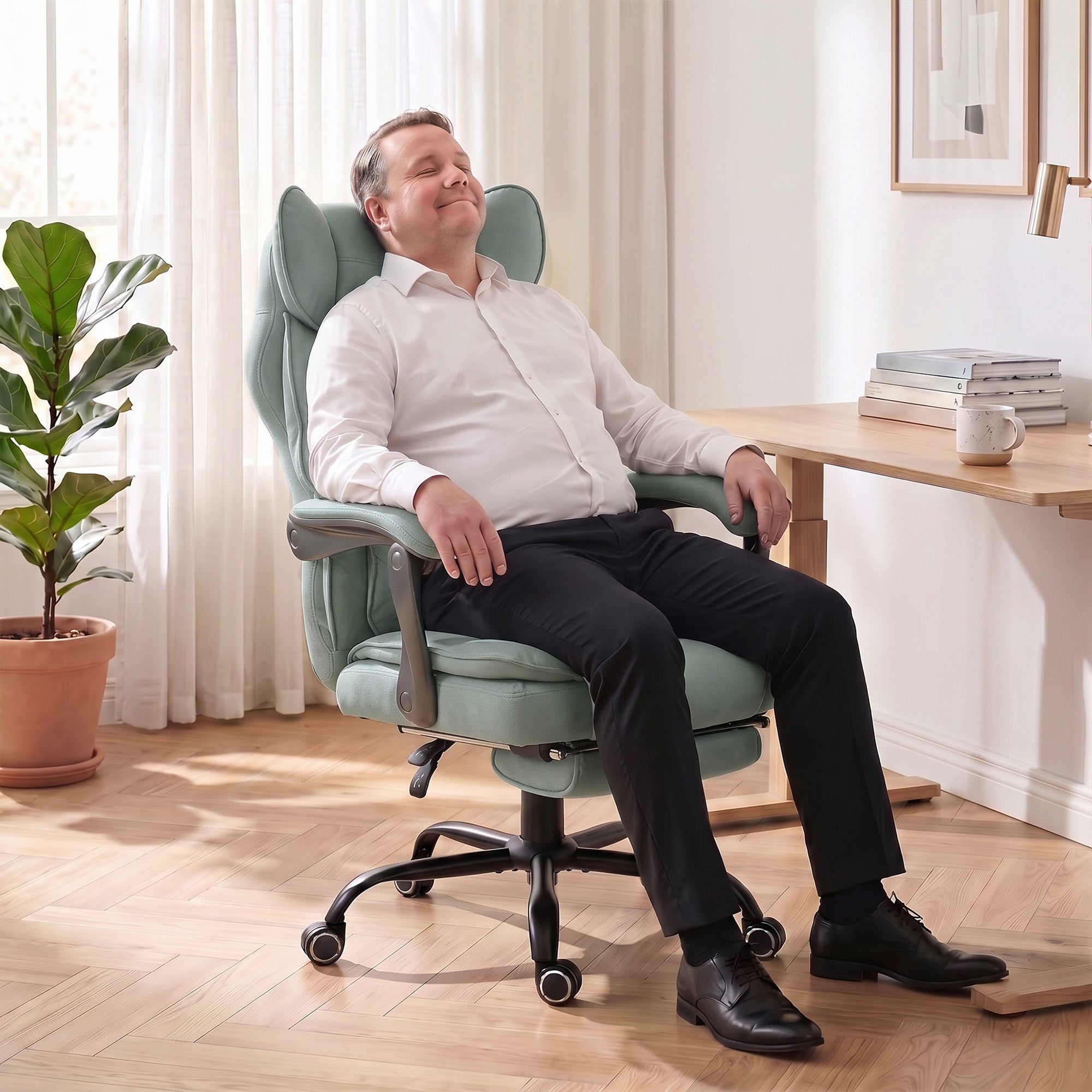 Executive Office Chair with Footrest, 180kg 400lb Big and Tall Leathaire Desk Chair with Wide Seat, Reclining Back, Lumbar Support, Built-in Headrest, Class 4 Gas Lift, Swivel Wheel, Blue