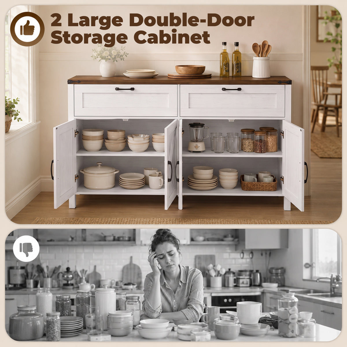 Sideboard Buffet Cabinet with Storage, 55" Large Farmhouse Kitchen Storage Cabinet with 2 Drawers and 4 Doors, Coffee Bar Station with Adjustable Shelves