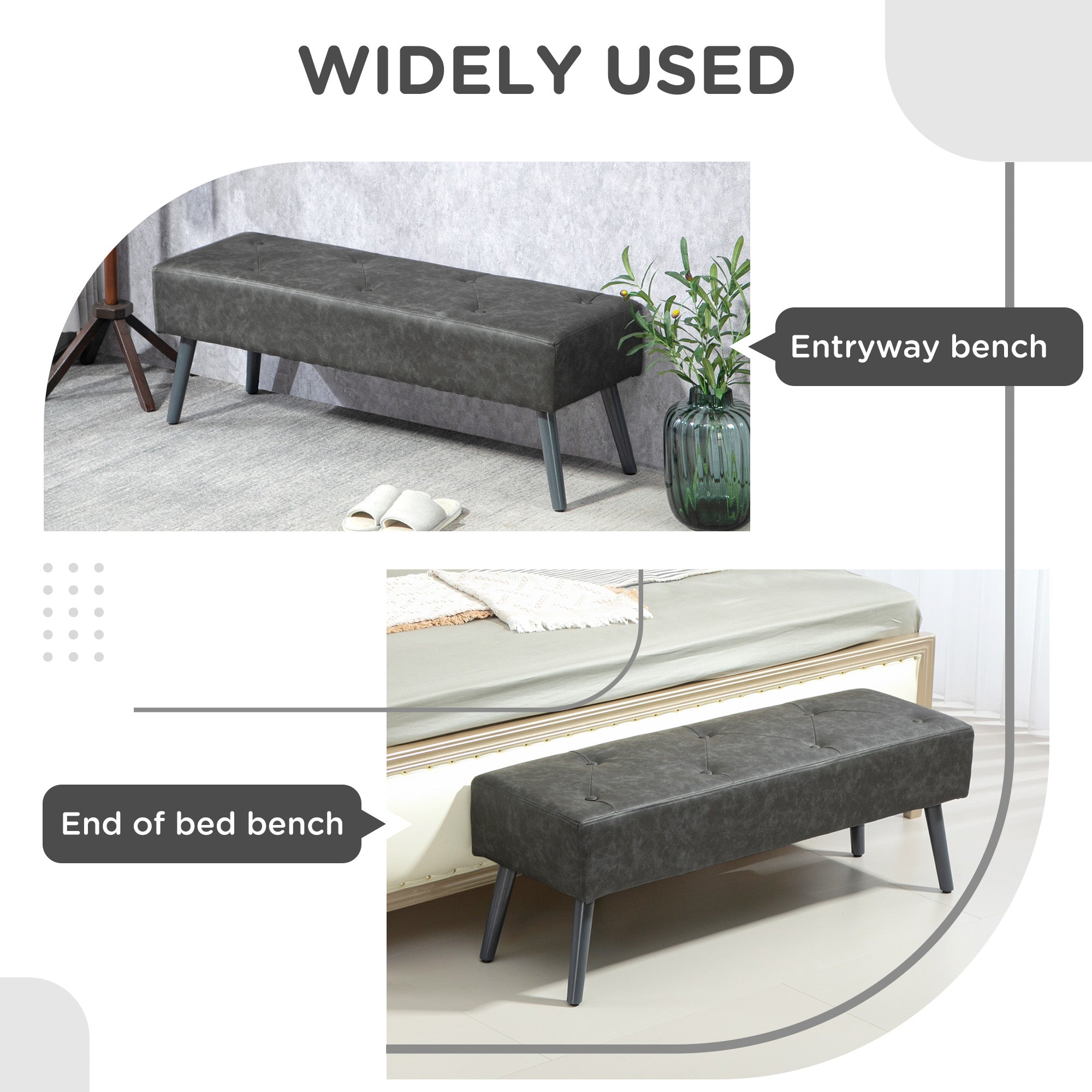 HOMCOM Bedroom Bench, End of Bed Bench with Button Tufted Design, PU Leather Upholstered Entryway Bench with Wood Legs, Grey