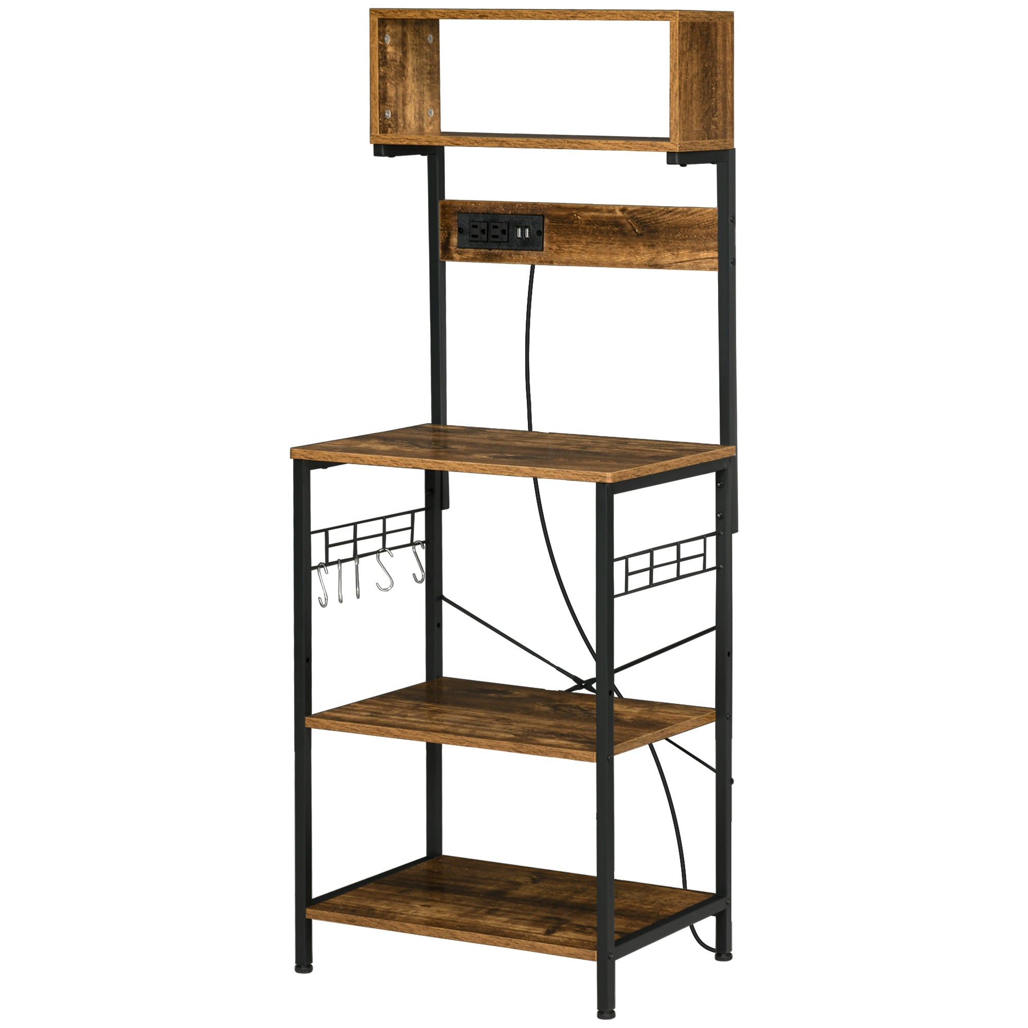 HOMCOM Kitchen Bakers Rack with Power Outlet, USB Charger, Microwave Stand, Coffee Bar with Adjustable Shelves, 5 Hooks for Spices, Pots and Pans, Rustic Brown