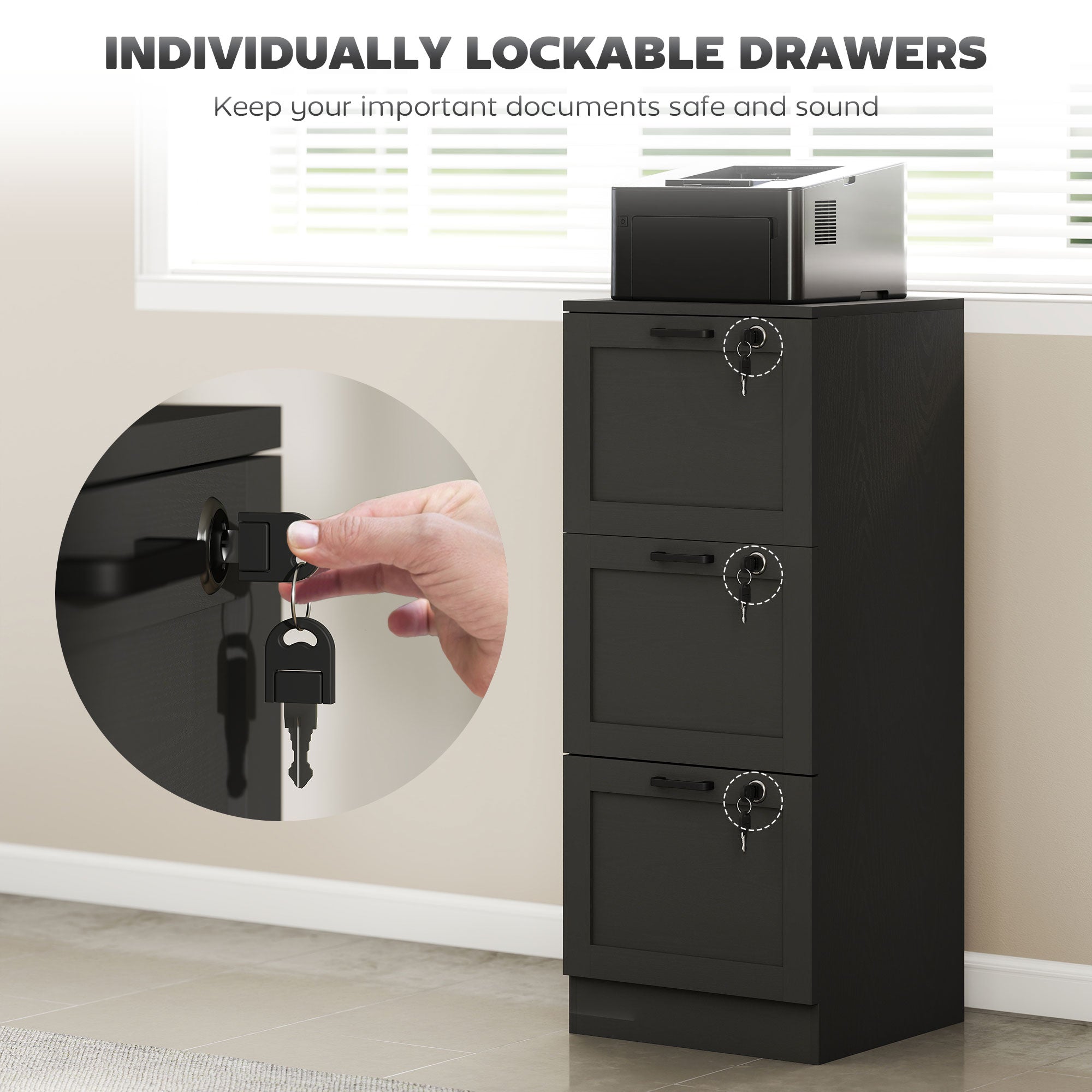 3 Drawer File Cabinet with Lock, Vertical Filing Cabinet with Adjustable Hanging Bars for A4 and Letter Size File Folders, Printer Stand with Storage, Black