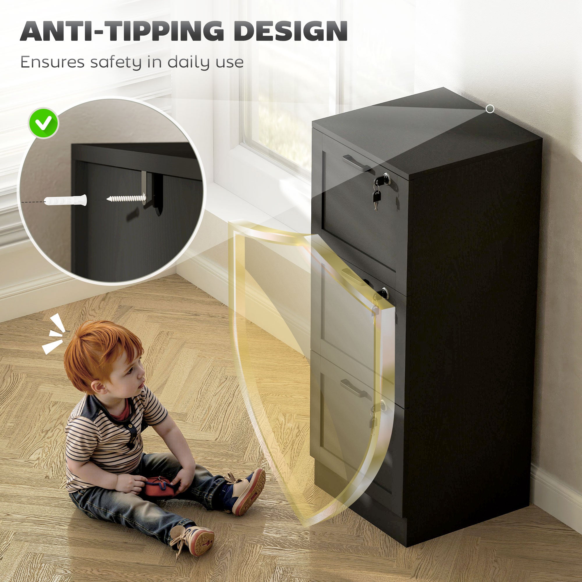 3 Drawer File Cabinet with Lock, Vertical Filing Cabinet with Adjustable Hanging Bars for A4 and Letter Size File Folders, Printer Stand with Storage, Black