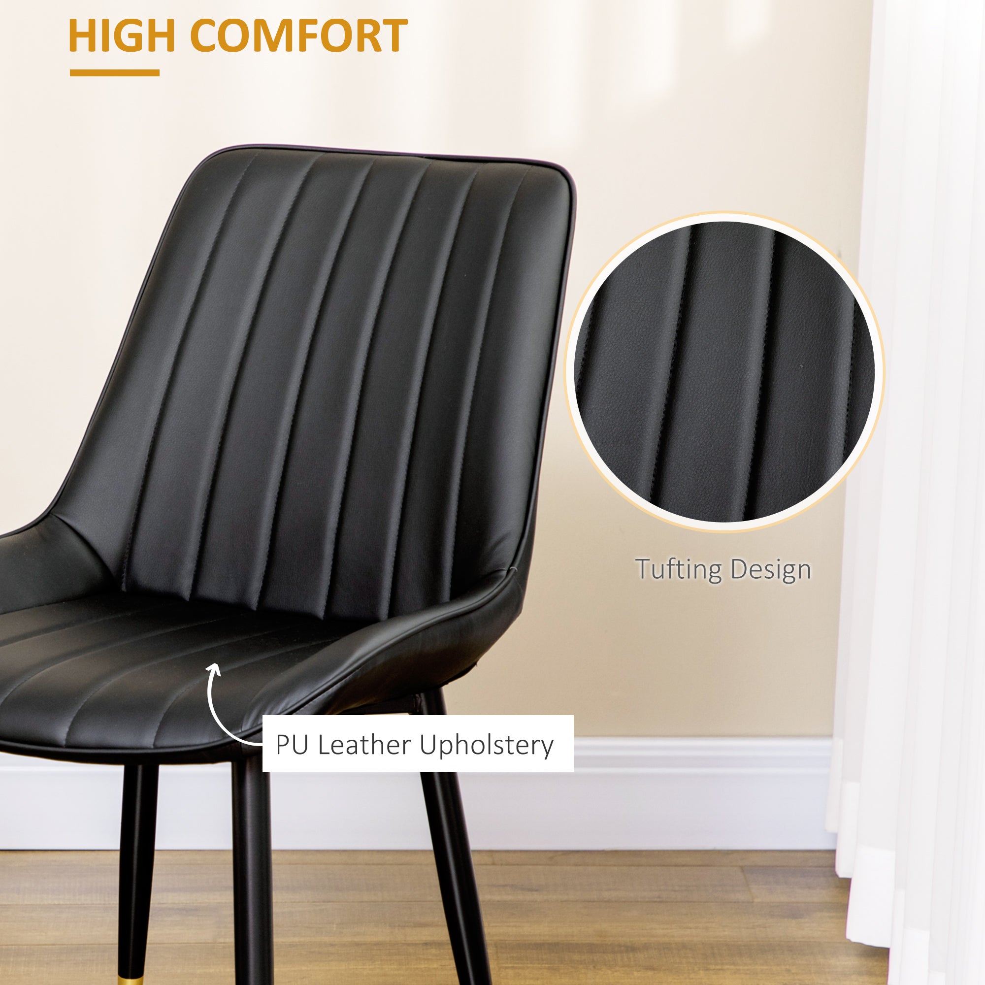 HOMCOM Dining Chairs Set of 2, Modern Kitchen Chair with PU Leather Upholstery and Steel Legs, Accent Chairs for Living Room, Bedroom, Black