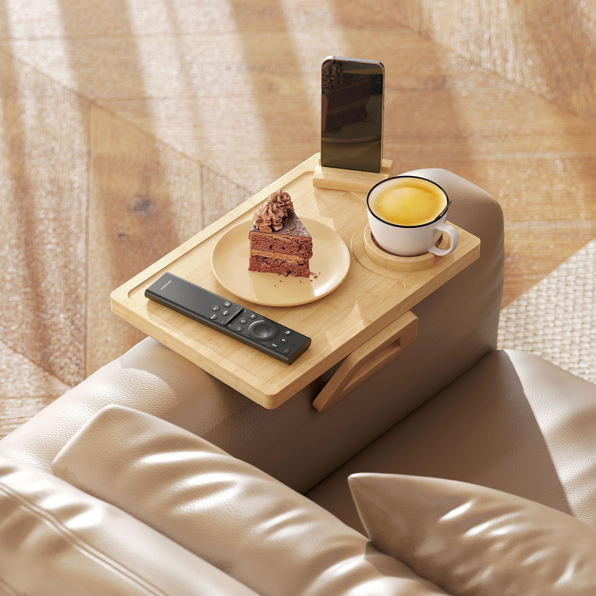 Bamboo Sofa Arm Tray, Anti-Slip Sofa Armrest Tray with 360° Phone Holder and Removable Cup Holder, Clip-On Armchair Table for Drinks, Snacks and Remote Control, Natural Wood Finish