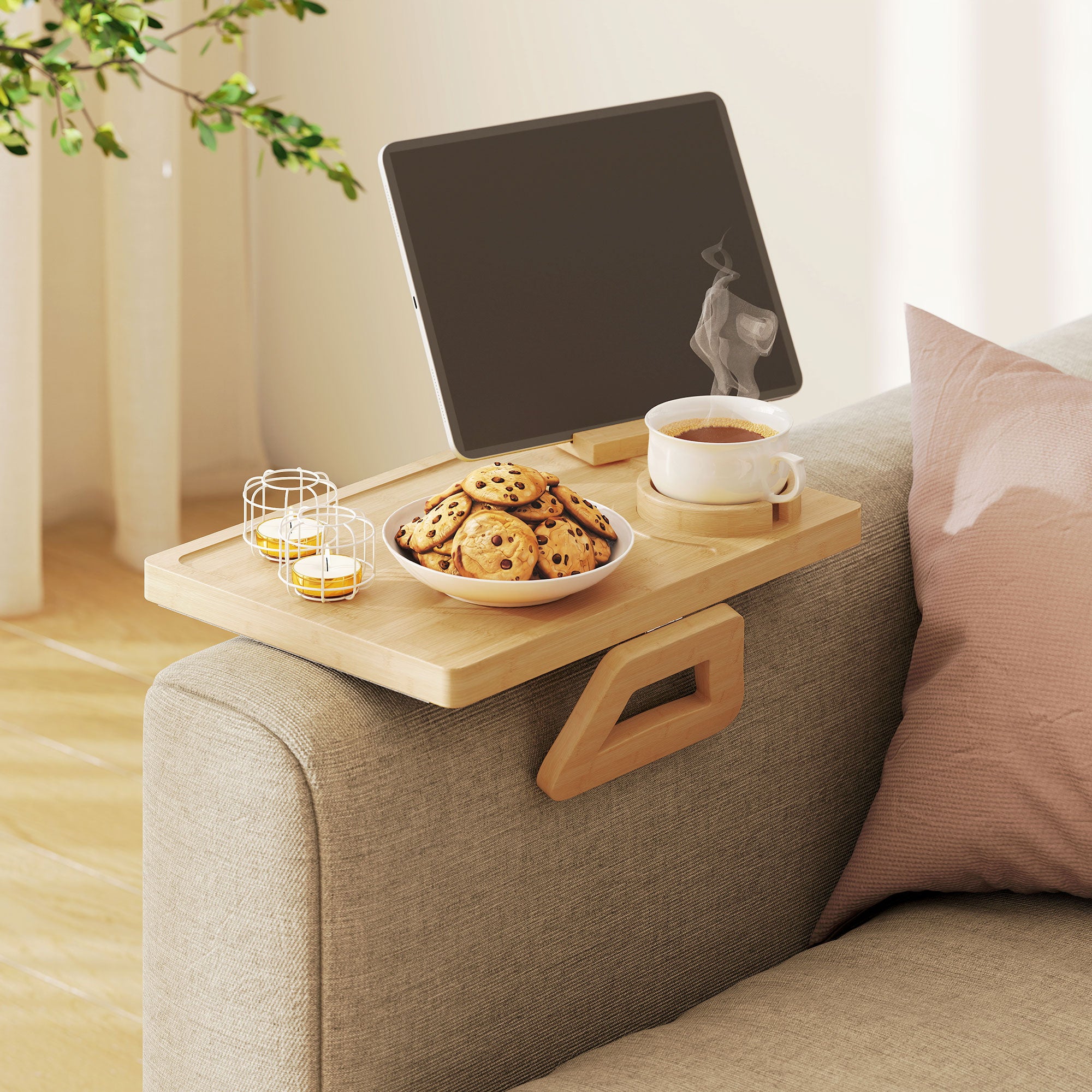 Bamboo Sofa Arm Tray, Anti-Slip Sofa Armrest Tray with 360° Phone Holder and Removable Cup Holder, Clip-On Armchair Table for Drinks, Snacks and Remote Control, Natural Wood Finish