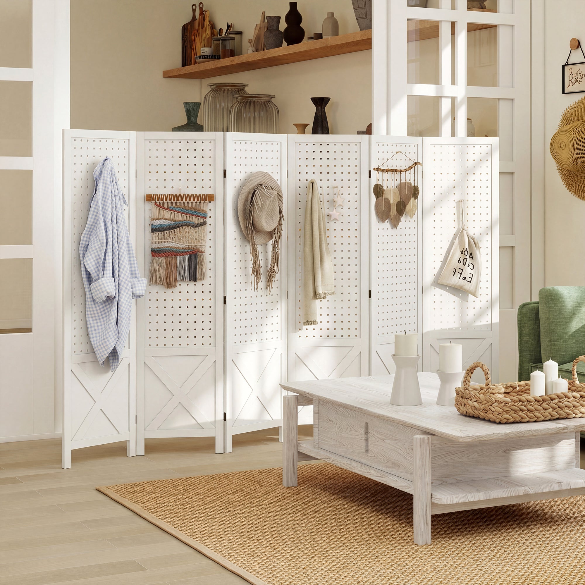 6 Panel Pegboard Display Room Divider, 56.9" Tall Wood Indoor Portable Folding Privacy Screen, Partition Wall Divider for Bedroom, White