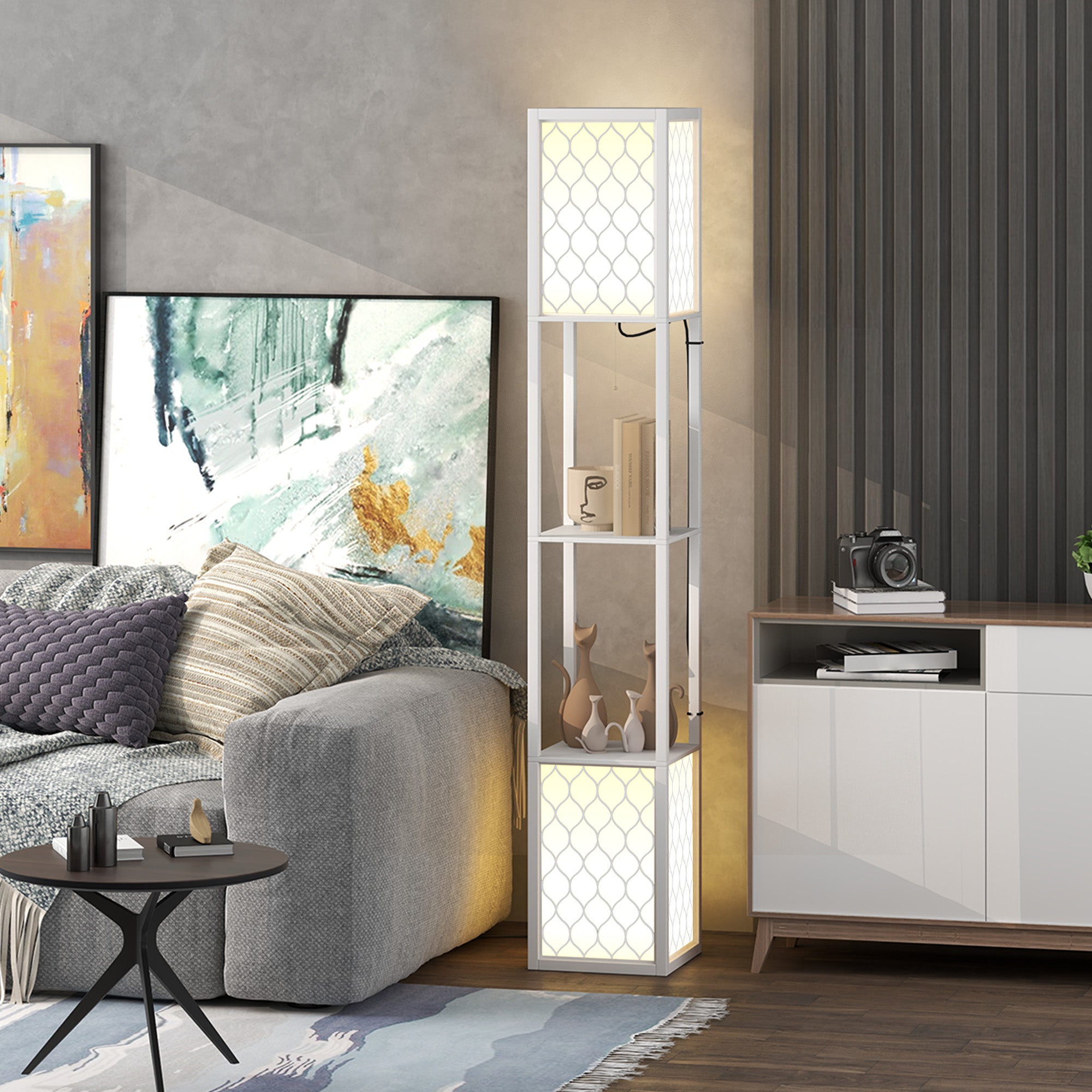 HOMCOM Floor Lamp with Shelves, Dual Light, Modern Tall Standing Lamps for Living Room, Bedroom, with Pull Chain Switch, Bulb not Included, White