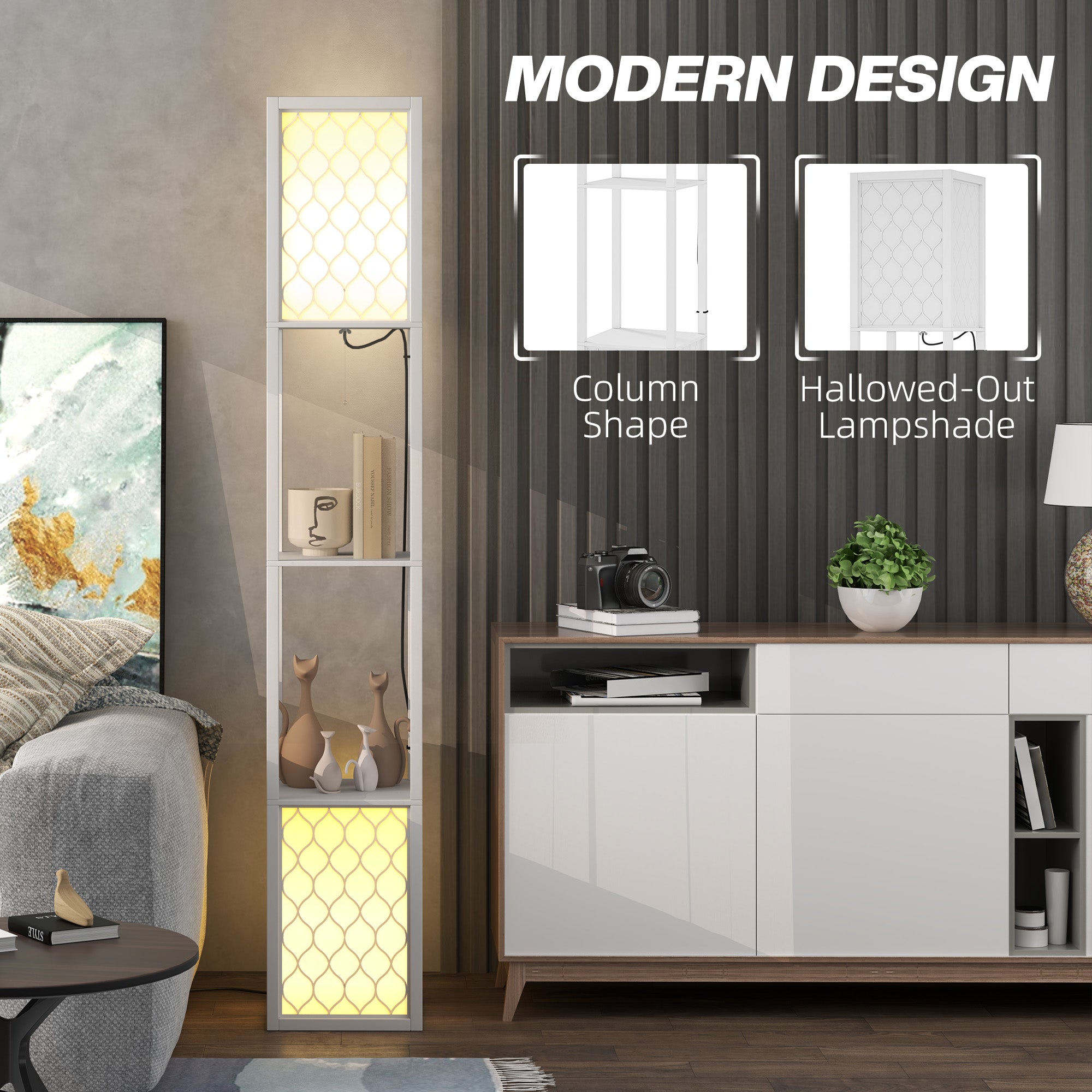 HOMCOM Floor Lamp with Shelves, Dual Light, Modern Tall Standing Lamps for Living Room, Bedroom, with Pull Chain Switch, Bulb not Included, White