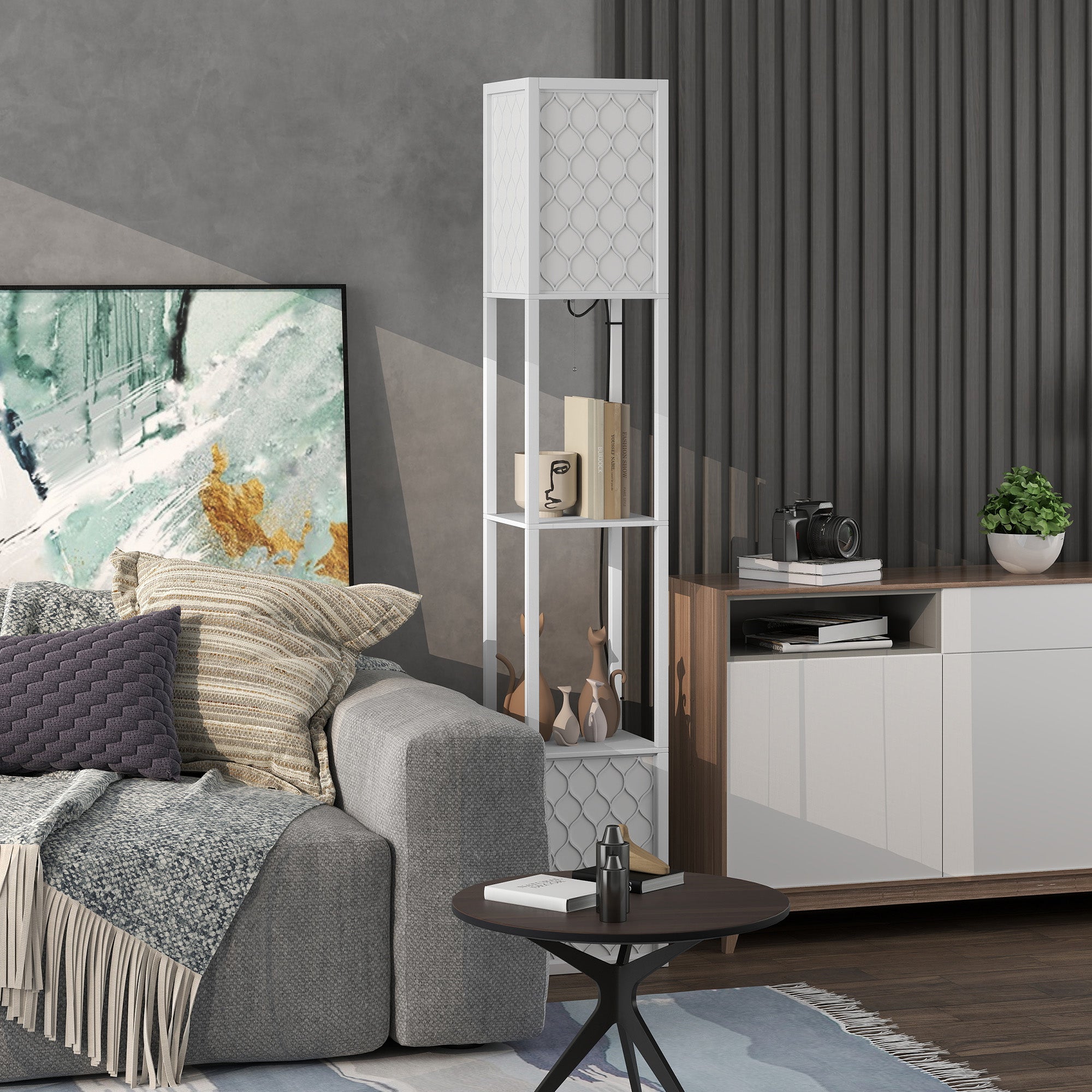 HOMCOM Floor Lamp with Shelves, Dual Light, Modern Tall Standing Lamps for Living Room, Bedroom, with Pull Chain Switch, Bulb not Included, White
