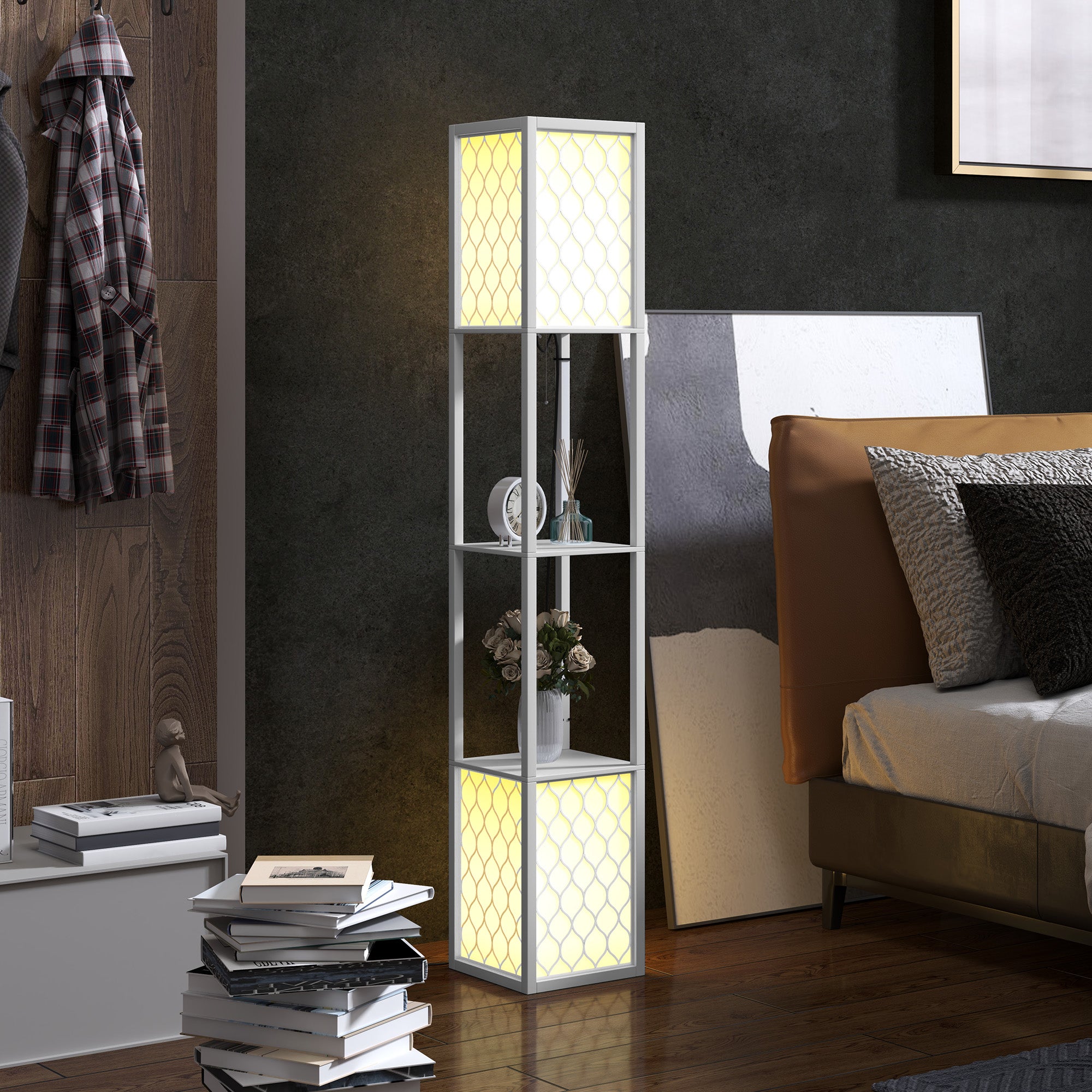 HOMCOM Floor Lamp with Shelves, Dual Light, Modern Tall Standing Lamps for Living Room, Bedroom, with Pull Chain Switch, Bulb not Included, White