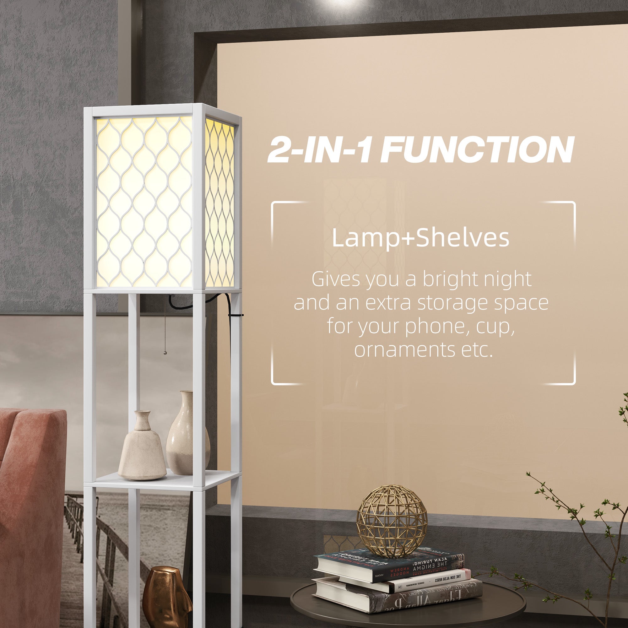 HOMCOM Floor Lamp with Shelves, Dual Light, Modern Tall Standing Lamps for Living Room, Bedroom, with Pull Chain Switch, Bulb not Included, White