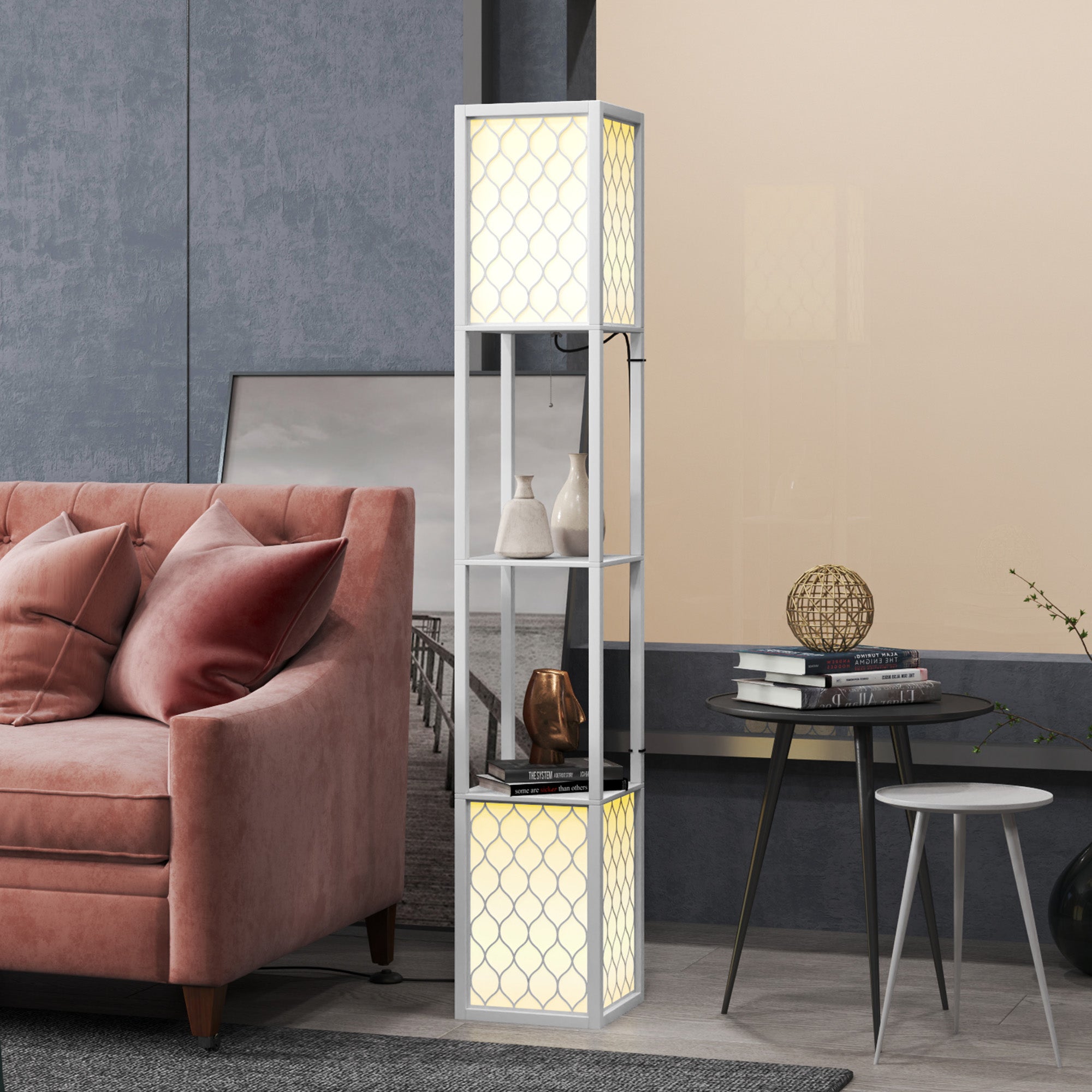HOMCOM Floor Lamp with Shelves, Dual Light, Modern Tall Standing Lamps for Living Room, Bedroom, with Pull Chain Switch, Bulb not Included, White