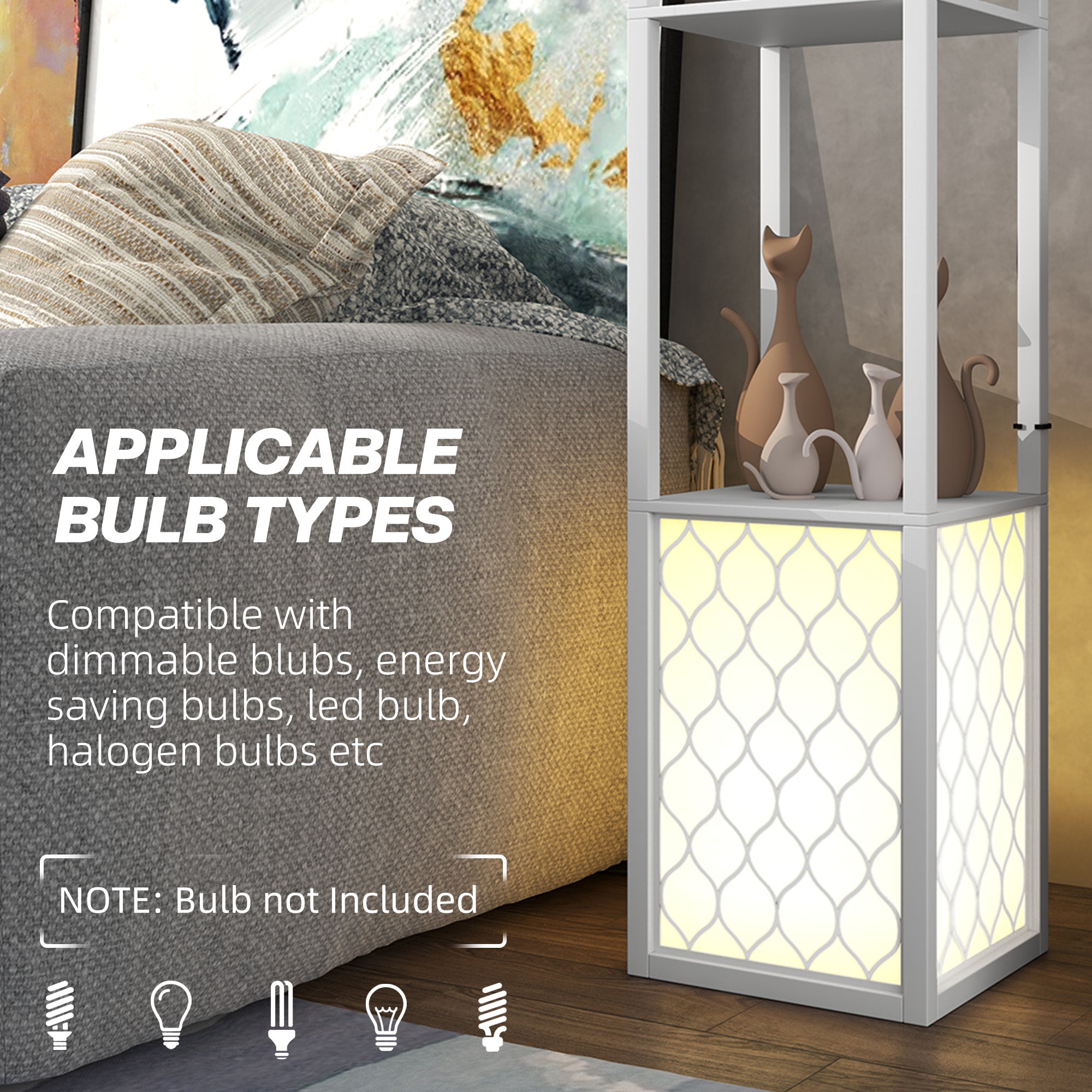 HOMCOM Floor Lamp with Shelves, Dual Light, Modern Tall Standing Lamps for Living Room, Bedroom, with Pull Chain Switch, Bulb not Included, White