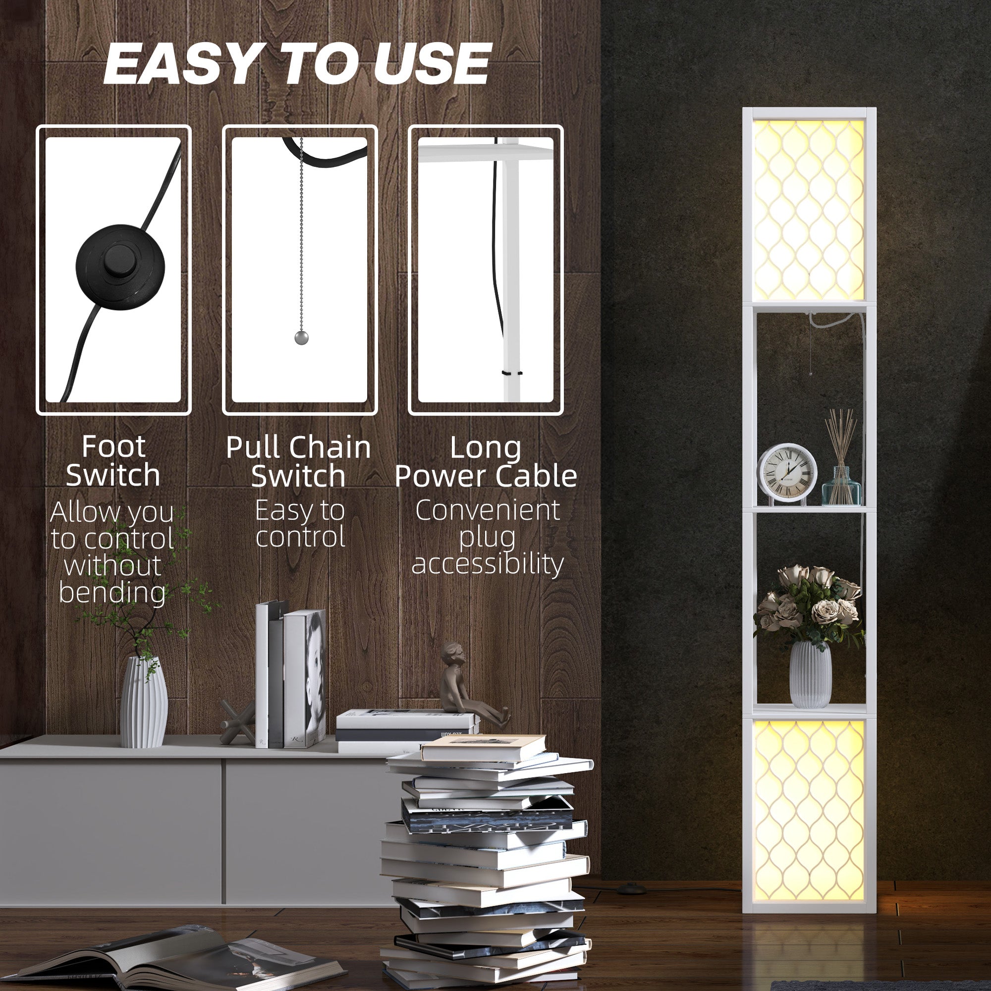 HOMCOM Floor Lamp with Shelves, Dual Light, Modern Tall Standing Lamps for Living Room, Bedroom, with Pull Chain Switch, Bulb not Included, White