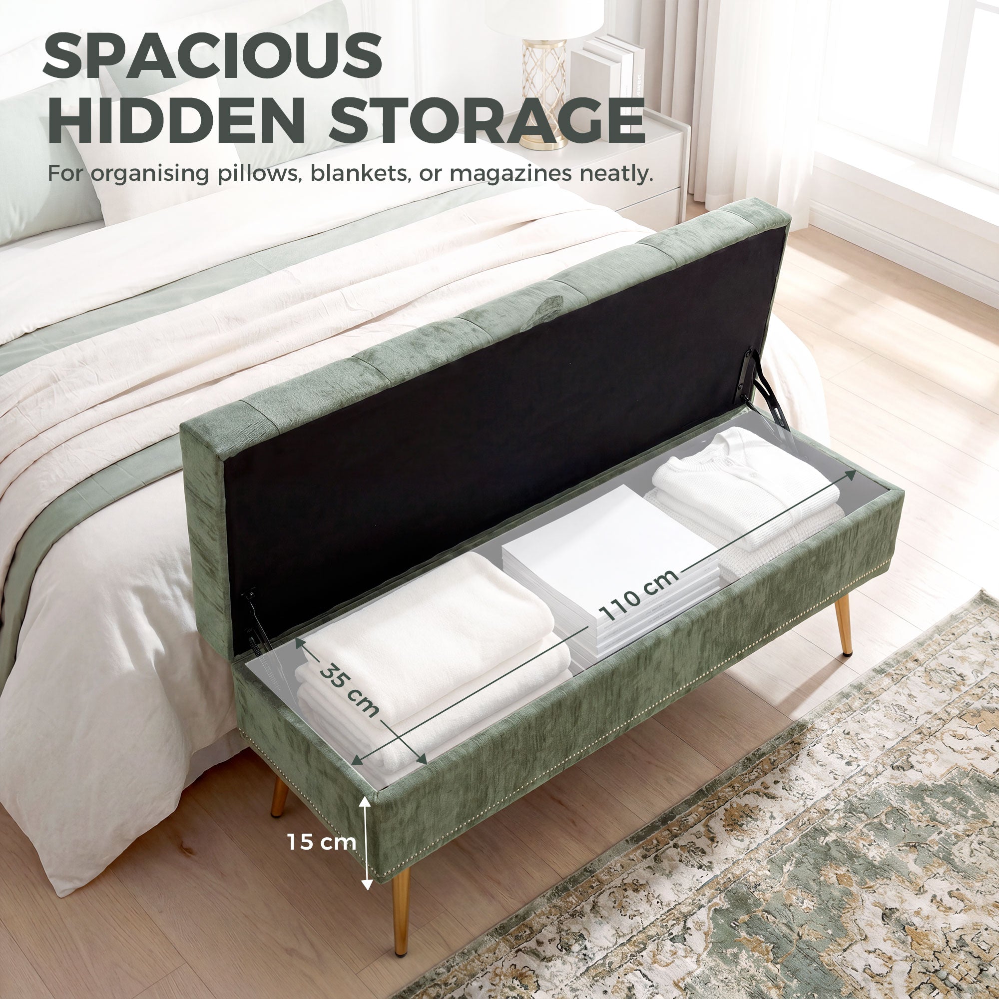 Storage Ottoman, Chenille Upholstered Ottoman Storage Box with Padded Seat, End of Bed Bench with Metal Legs for Bedroom, Hallway, Living Room, 114 x 41 x 45 cm, Light Green