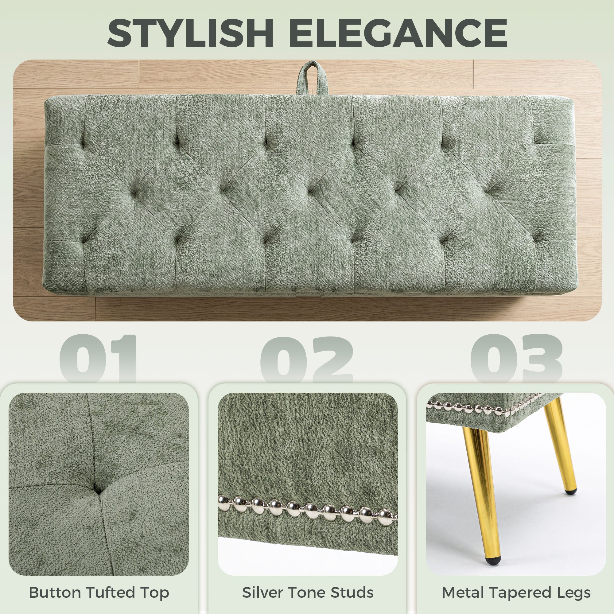 Storage Ottoman, Chenille Upholstered Ottoman Storage Box with Padded Seat, End of Bed Bench with Metal Legs for Bedroom, Hallway, Living Room, 114 x 41 x 45 cm, Light Green