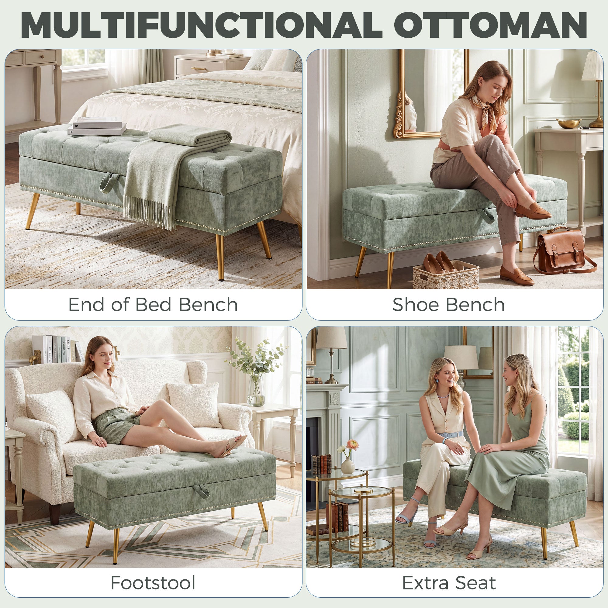 Storage Ottoman, Chenille Upholstered Ottoman Storage Box with Padded Seat, End of Bed Bench with Metal Legs for Bedroom, Hallway, Living Room, 114 x 41 x 45 cm, Light Green