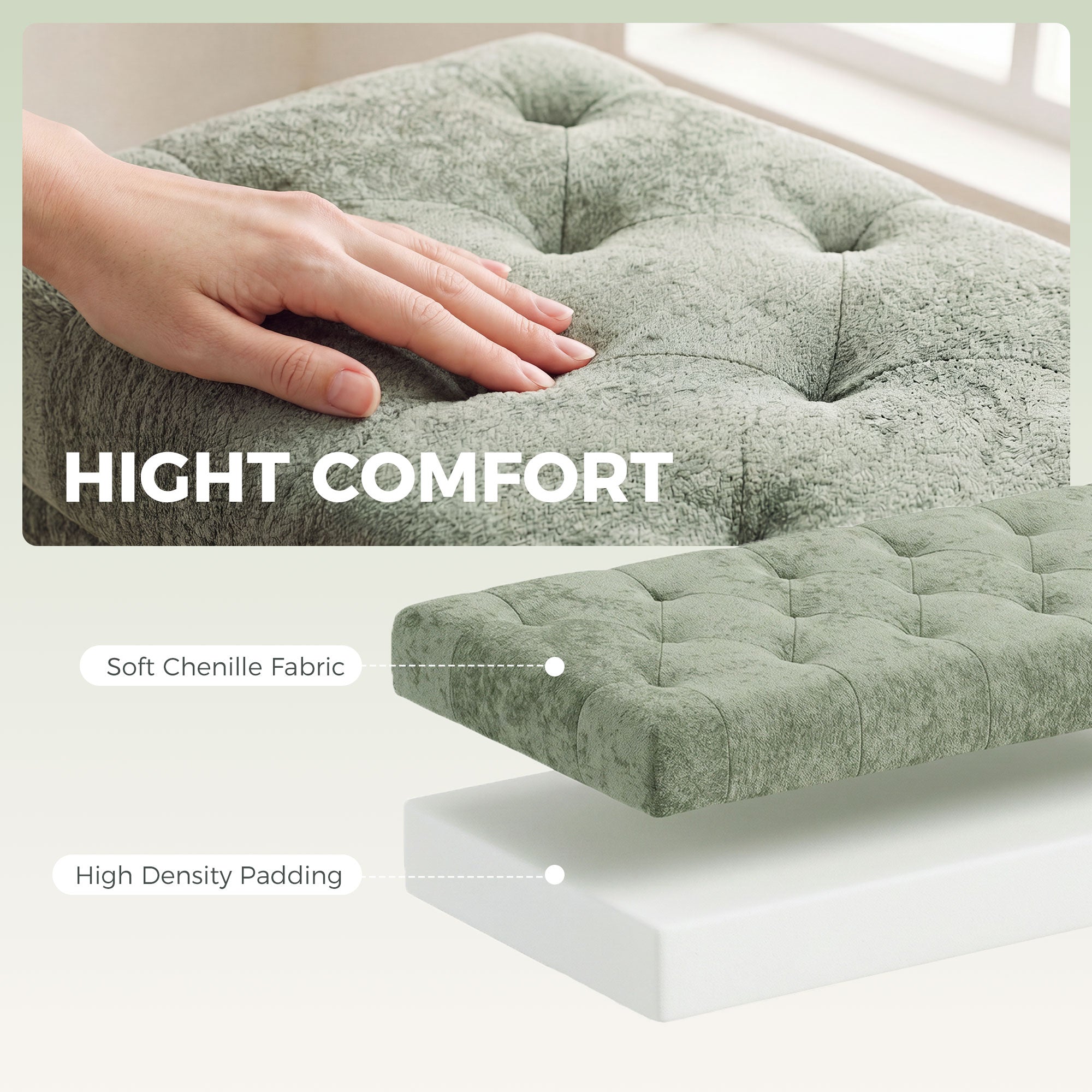 Storage Ottoman, Chenille Upholstered Ottoman Storage Box with Padded Seat, End of Bed Bench with Metal Legs for Bedroom, Hallway, Living Room, 114 x 41 x 45 cm, Light Green