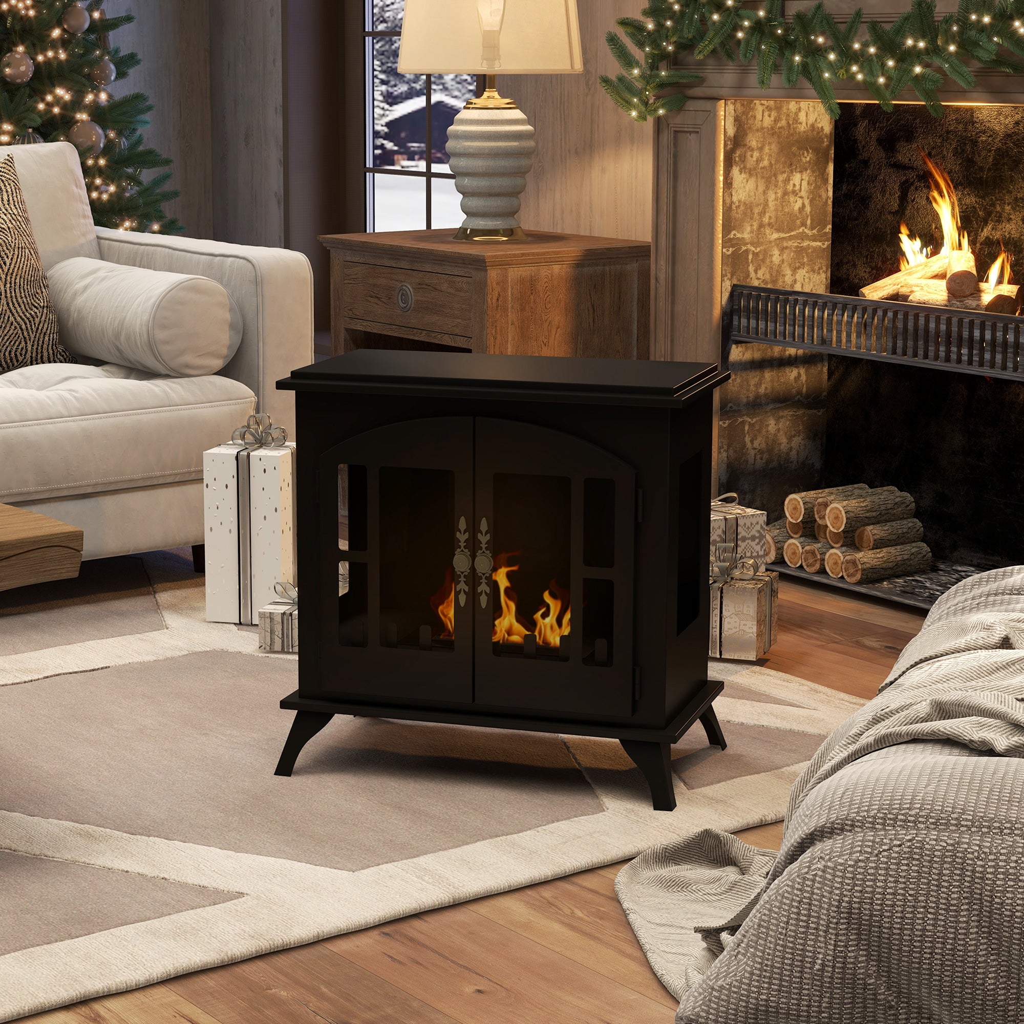 Freestanding Ethanol Fireplace Bioethanol Stove 0.25 Gal Max 269 Sq. Ft. Burns up to 3 Hours Black