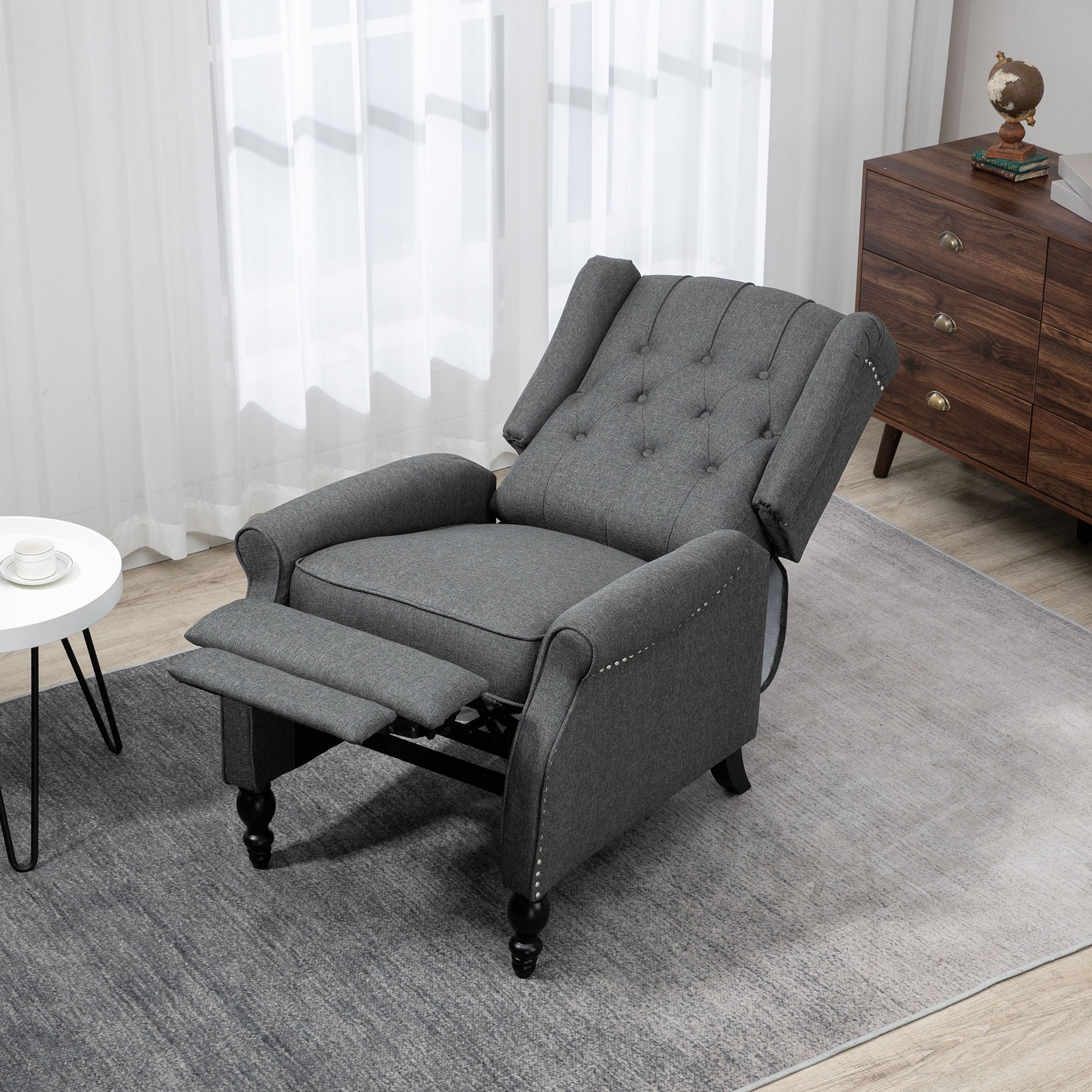 HOMCOM Fabric Recliner Chair for Living Room, Push Back Reclining Chair with Wingback, Button Tufted, Nail Head Trim, Footrest, Dark Grey
