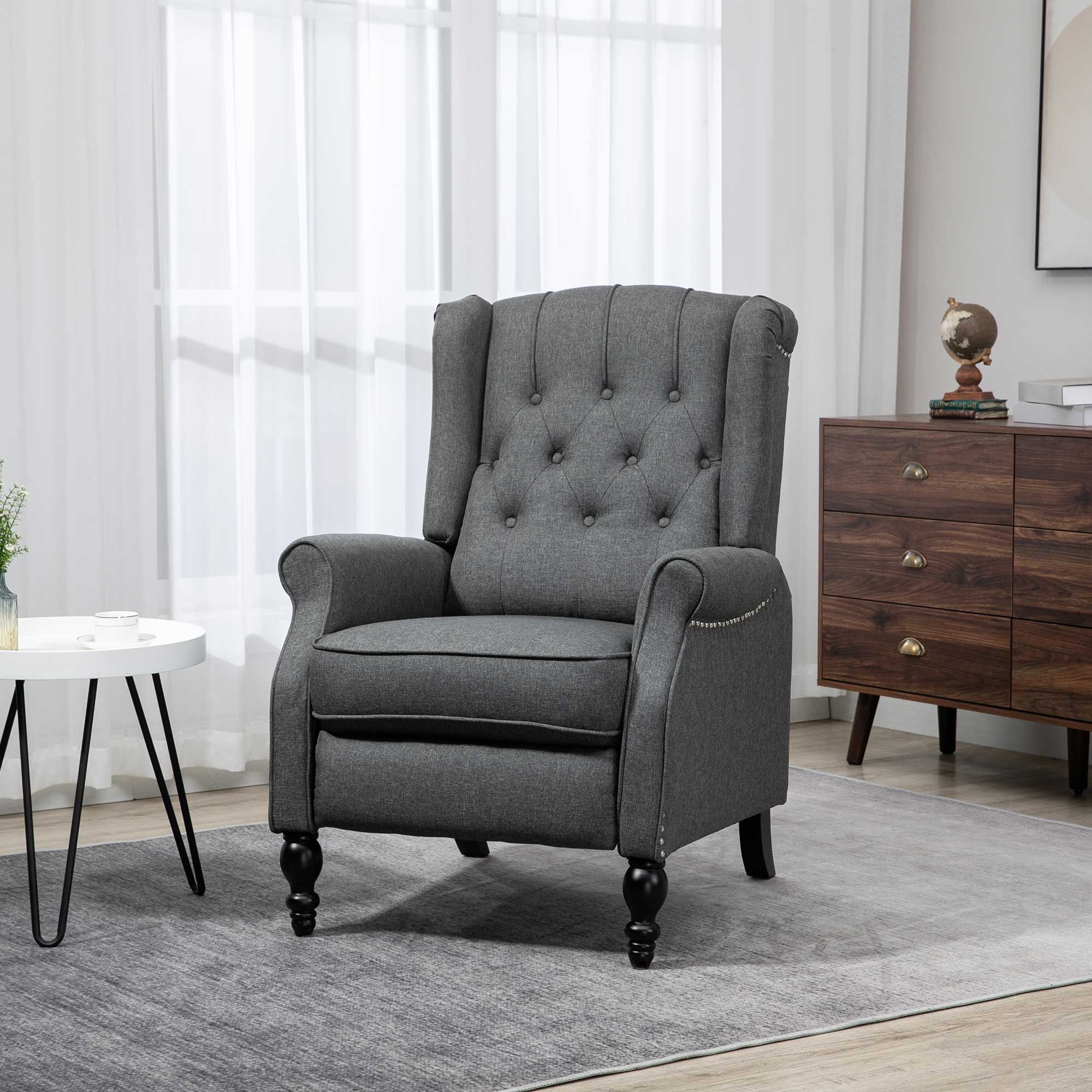 HOMCOM Fabric Recliner Chair for Living Room, Push Back Reclining Chair with Wingback, Button Tufted, Nail Head Trim, Footrest, Dark Grey