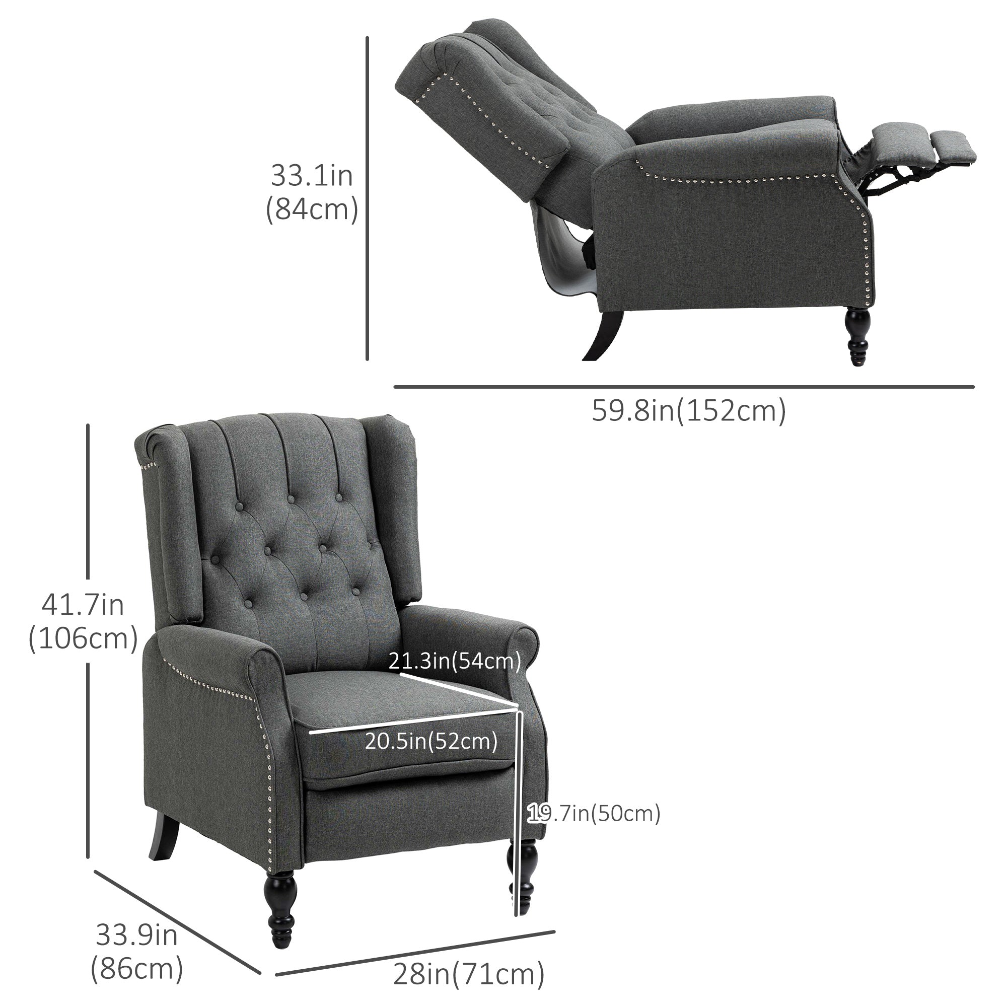 HOMCOM Fabric Recliner Chair for Living Room, Push Back Reclining Chair with Wingback, Button Tufted, Nail Head Trim, Footrest, Dark Grey