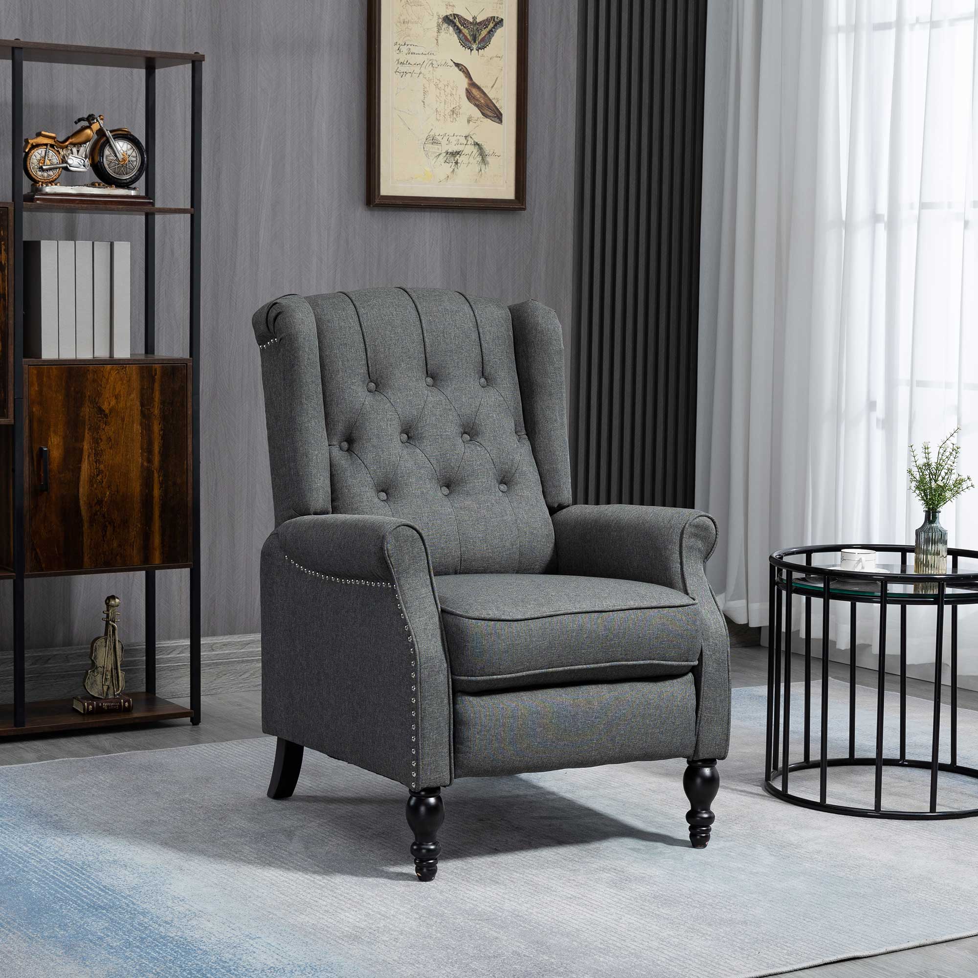 HOMCOM Fabric Recliner Chair for Living Room, Push Back Reclining Chair with Wingback, Button Tufted, Nail Head Trim, Footrest, Dark Grey