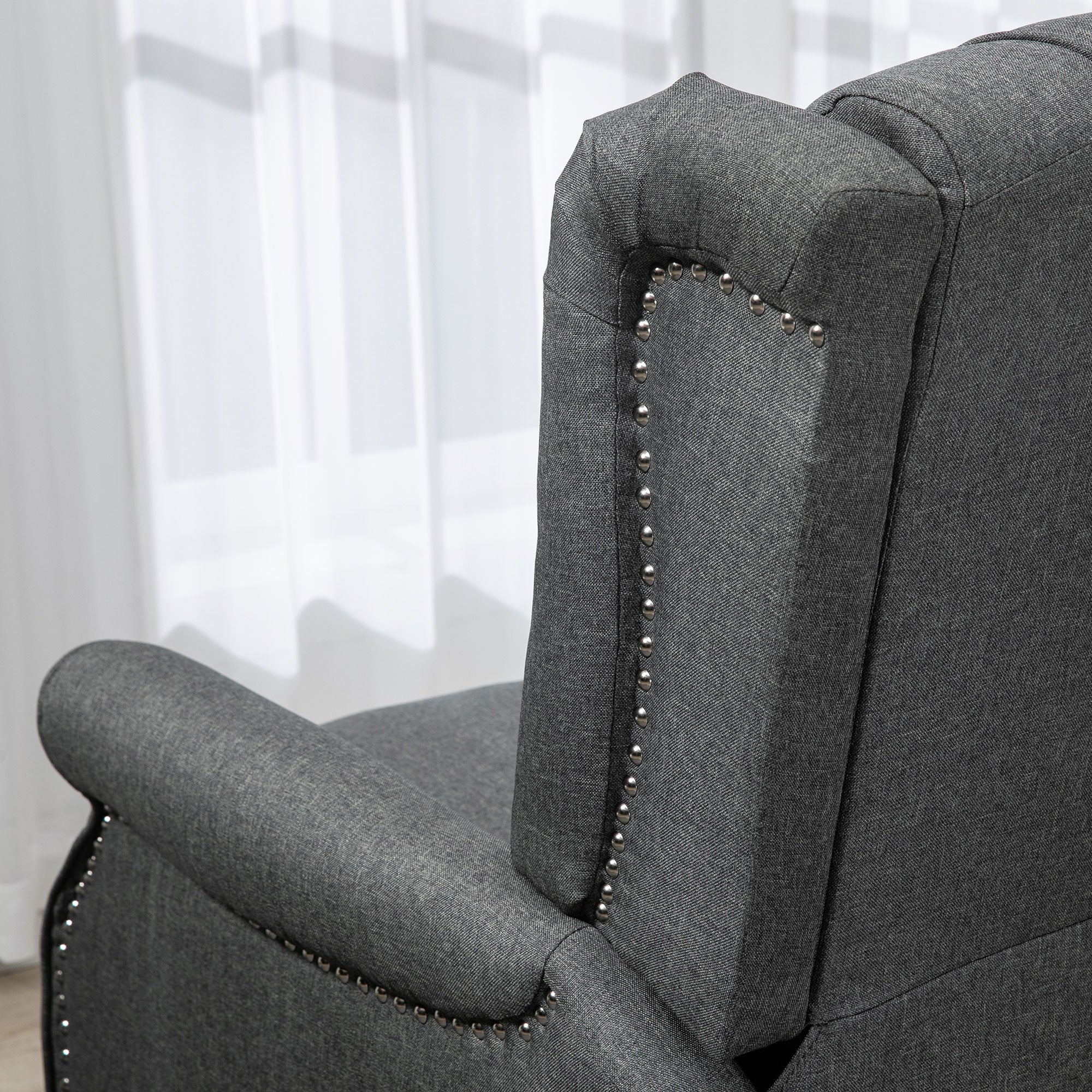 HOMCOM Fabric Recliner Chair for Living Room, Push Back Reclining Chair with Wingback, Button Tufted, Nail Head Trim, Footrest, Dark Grey