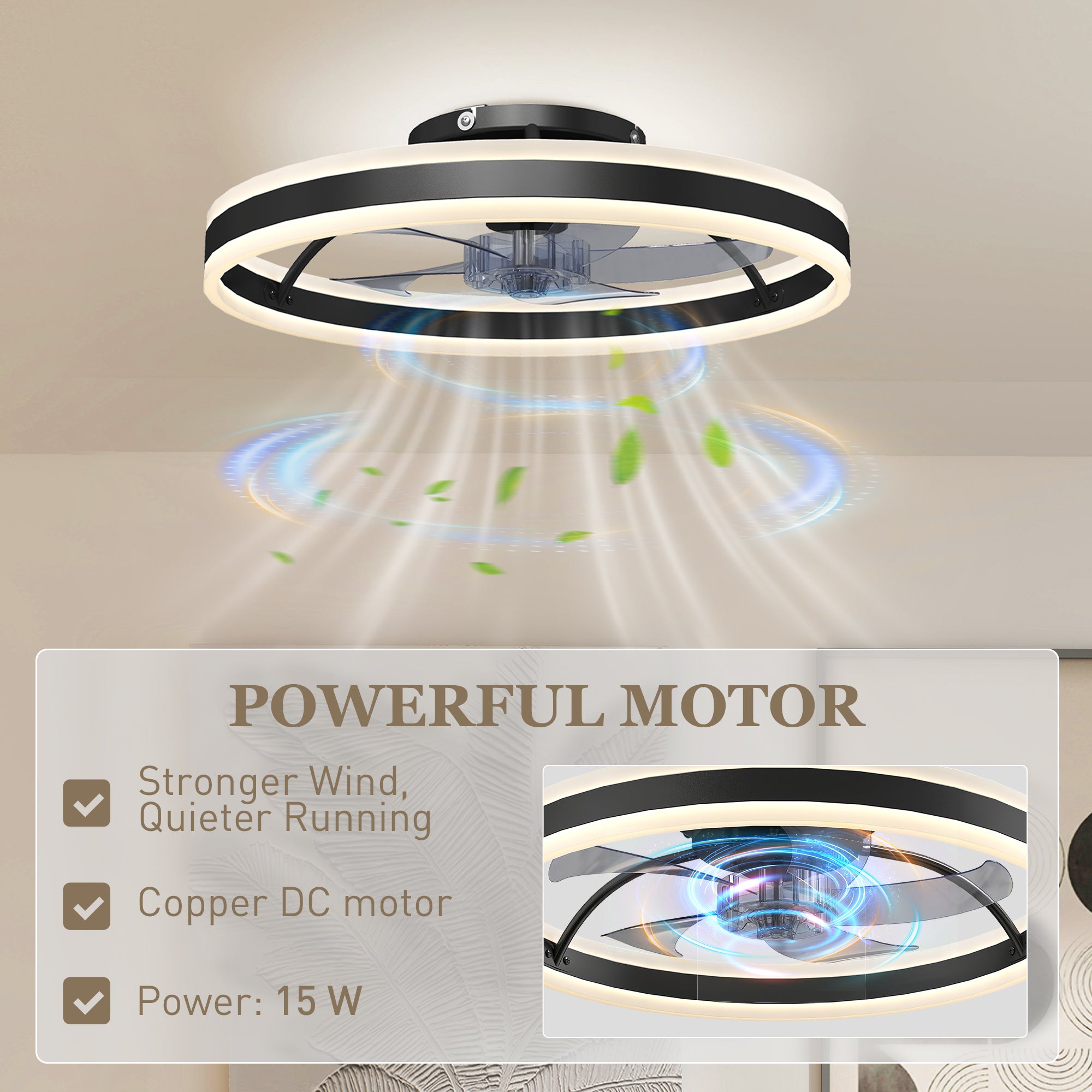 Ceiling Fans with Lights and Remote & App Control, 50 cm Modern LED Ceiling Fan Light with 3 Colour Temperatures, 6 Speed, Dimmable, Timer Quiet Reversible DC Motor, for Bedroom, Study, Black