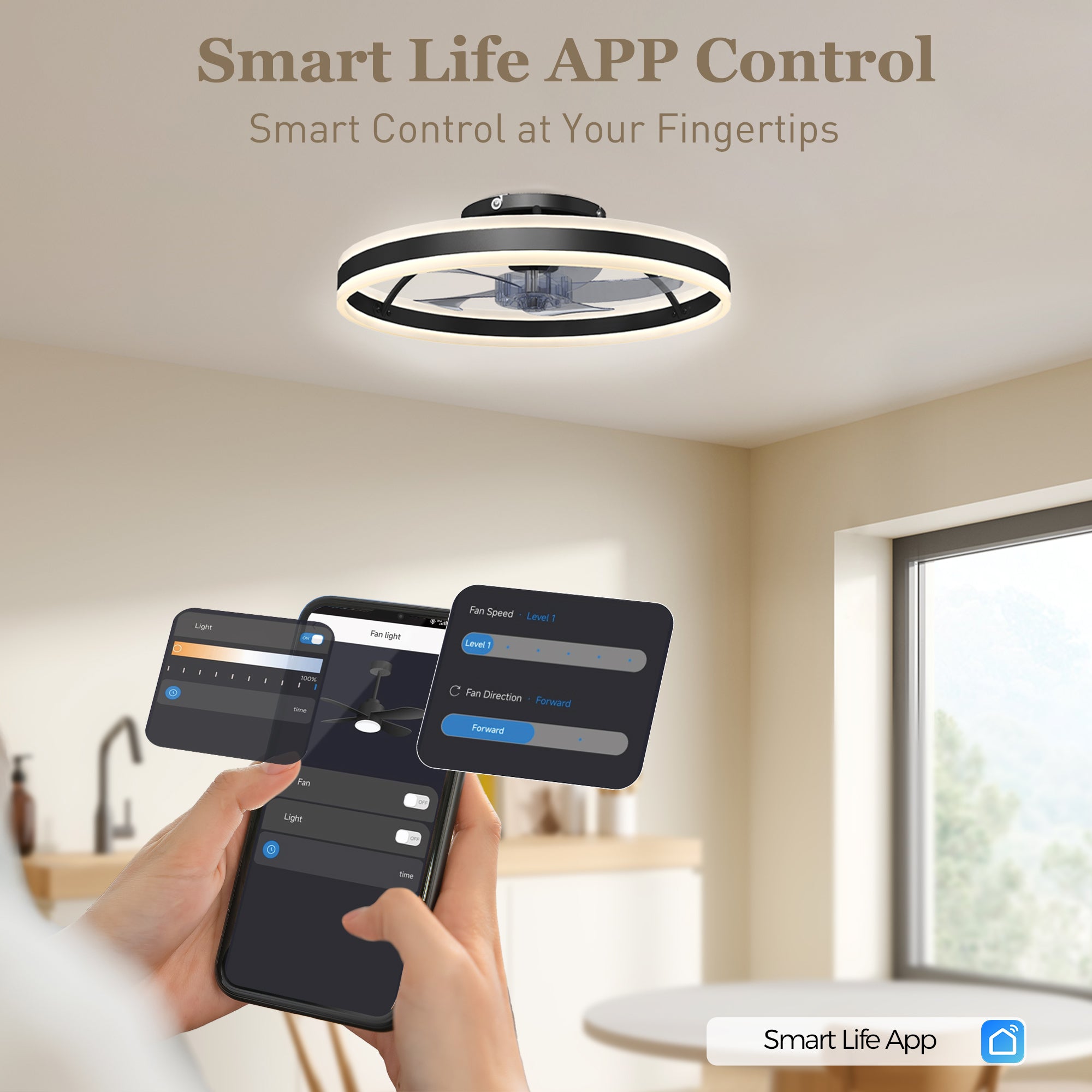 Ceiling Fans with Lights and Remote & App Control, 50 cm Modern LED Ceiling Fan Light with 3 Colour Temperatures, 6 Speed, Dimmable, Timer Quiet Reversible DC Motor, for Bedroom, Study, Black