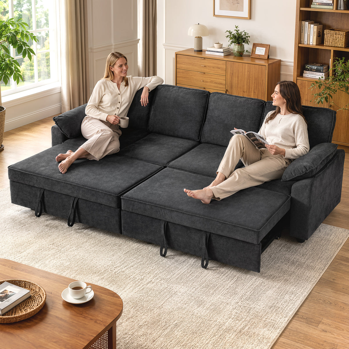 Sectional Sofa Bed, Sleeper Sofa Bed Couch with Double Pullout, Integrated Footrest, Chenille Fabric Futon for Living Room Bedroom Study, Dark Grey