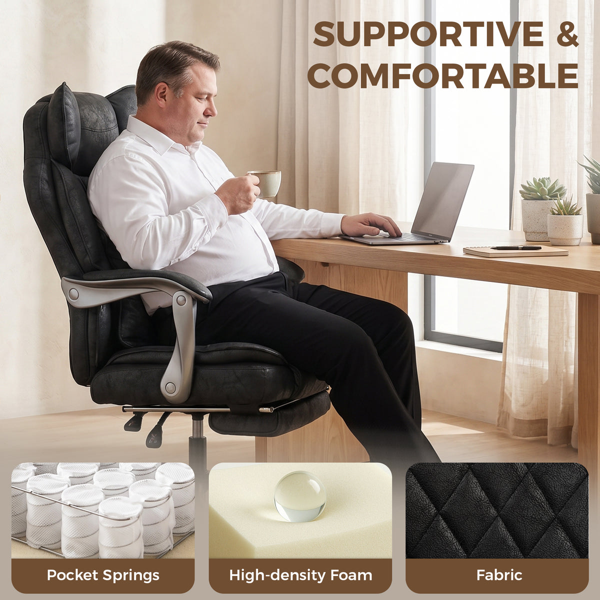 Executive Office Chair with Footrest, 400lb Big and Tall Leathaire Desk Chair with Wide Seat, Reclining Back, Lumbar Support, Built-in Headrest, Class 4 Gas Lift, Black