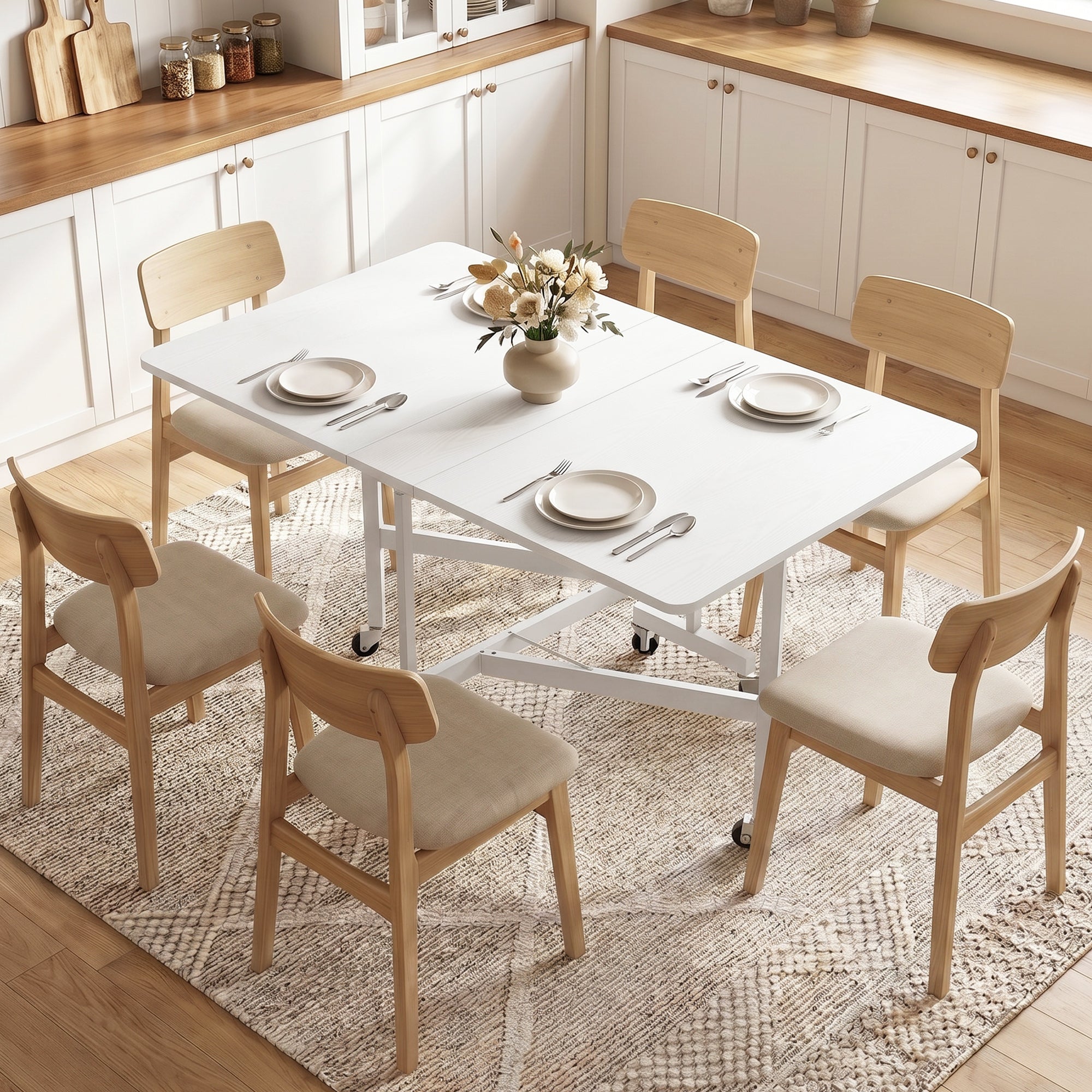 Mobile Drop Leaf Table, Folding Dining Table with 6 Wheels & Brakes, Rolling Kitchen Table for Small Spaces, 47.2", White