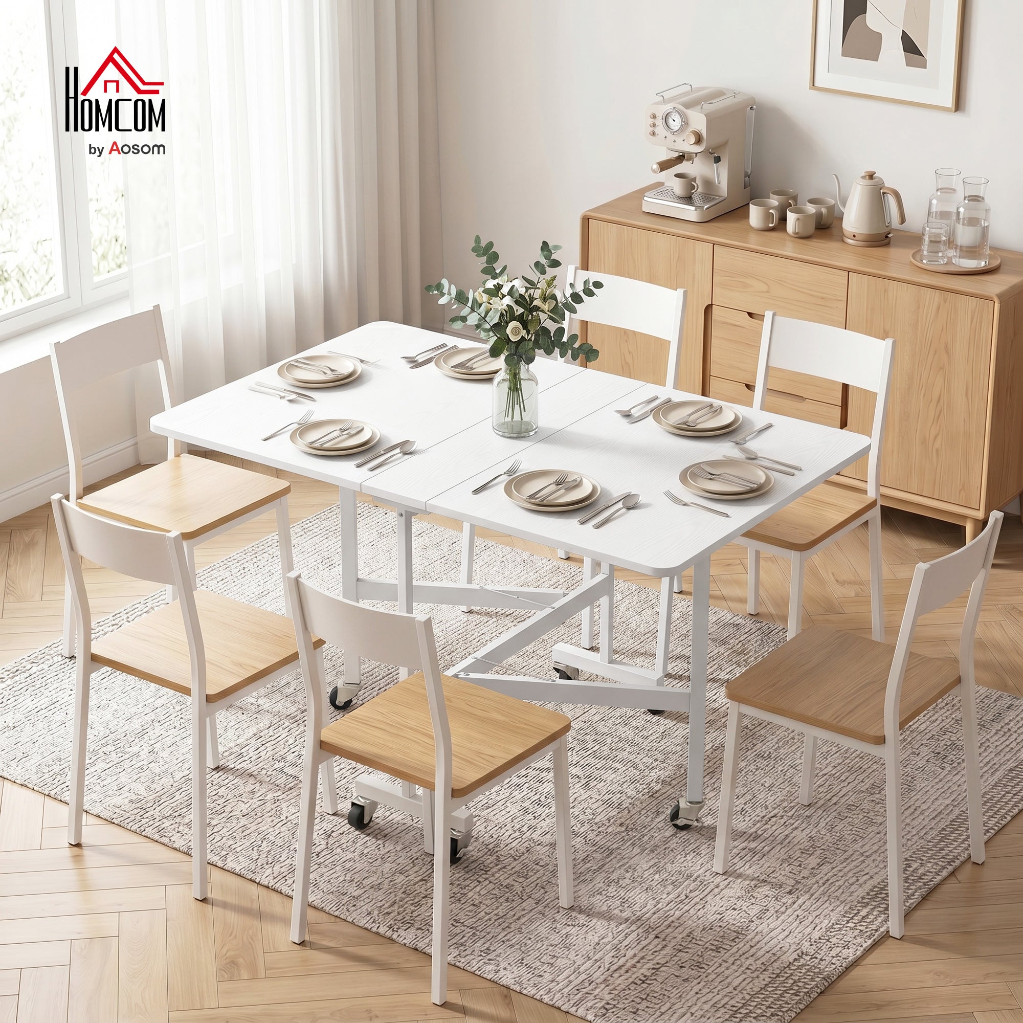 Mobile Drop Leaf Table, Folding Dining Table with 6 Wheels & Brakes, Rolling Kitchen Table for Small Spaces, 47.2", White