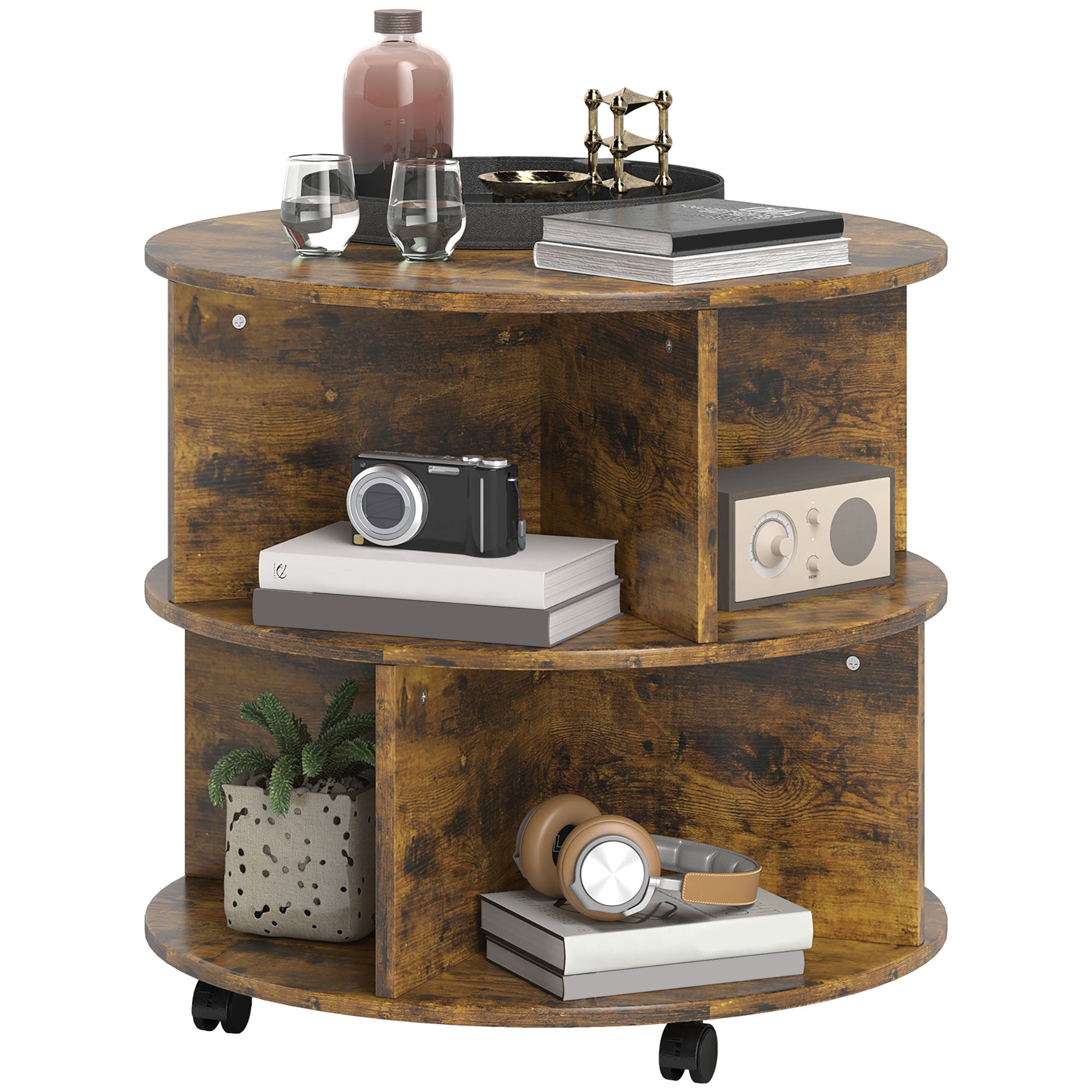 HOMCOM Round Coffee Table, Movable Centre Table with Divided Shelves and Rolling Wheels, 3 Tier Living Room Table, Rustic Brown