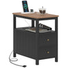 Side Table w/ Charging Station & USB Ports, Narrow End Table w/ Drawers Shelf, Black