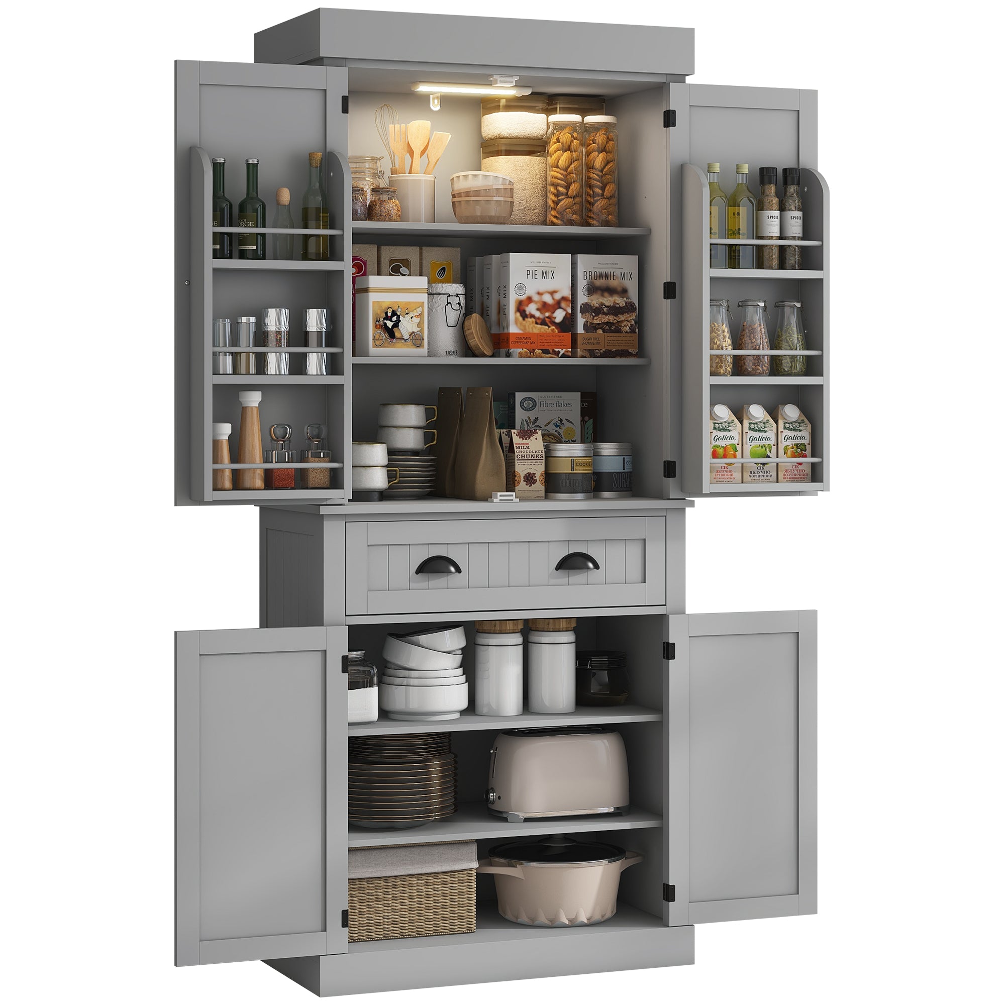 71" Kitchen Pantry Cabinet with LED Lights, 6 Door Shelves, a Drawer and 4 Adjustable Shelves, Gray