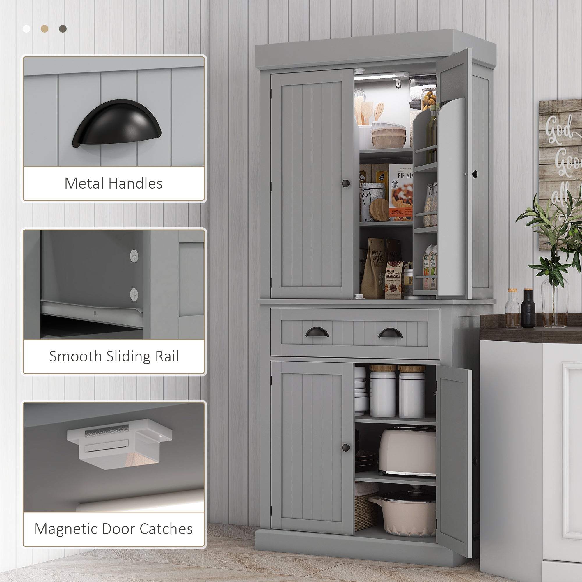 71" Pantry Cabinet with LED Motion Sensor Light, Freestanding Kitchen Pantry with 6 Spice Racks, Drawer and Adjustable Shelves, Tall Buffet Cabinet with Hutch, Grey